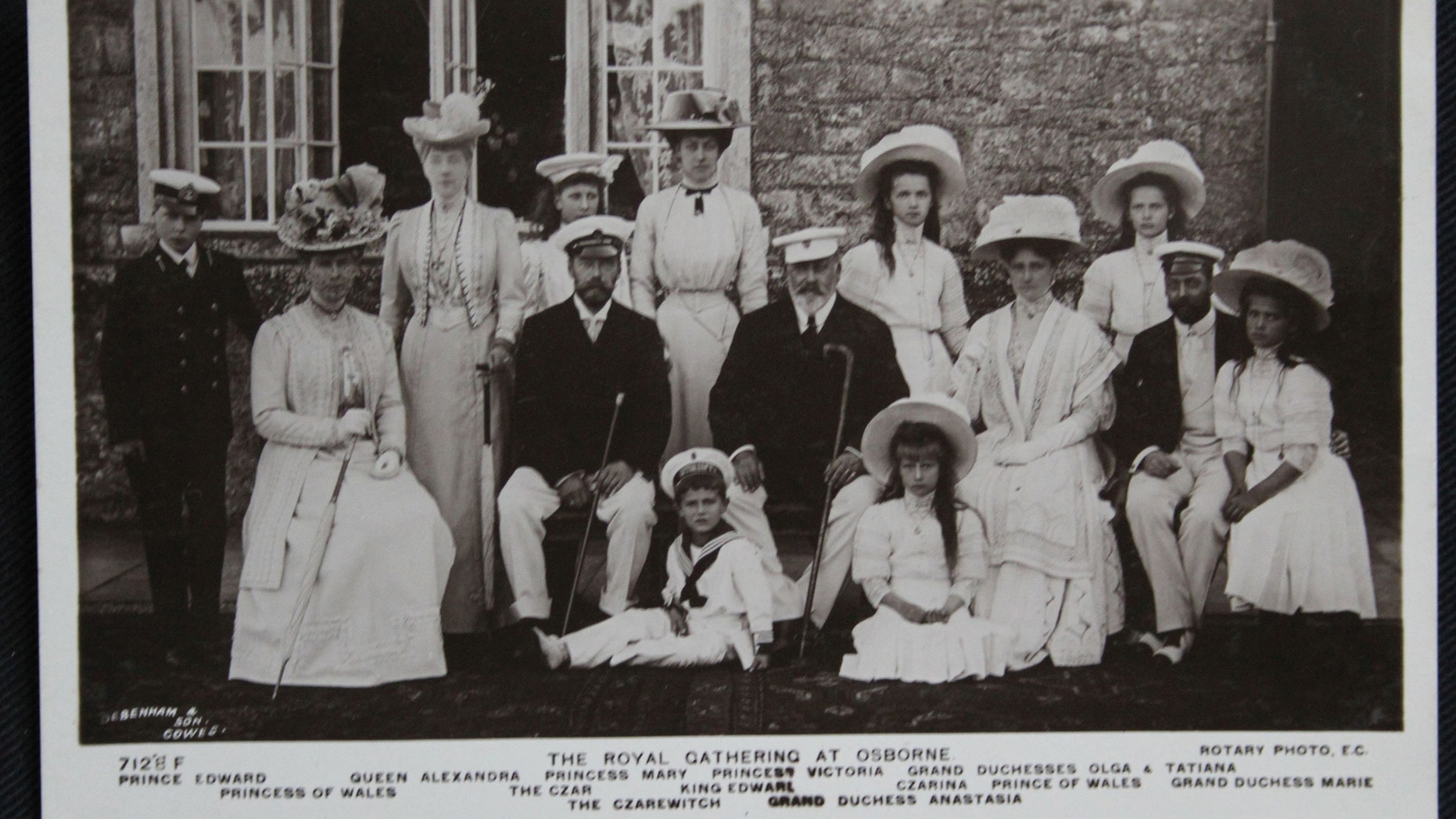 Postcard of Czar Nicholas II and his family on a visit to King Edward VII and the British royal family in 1909 (Henry Aldridge & Son).