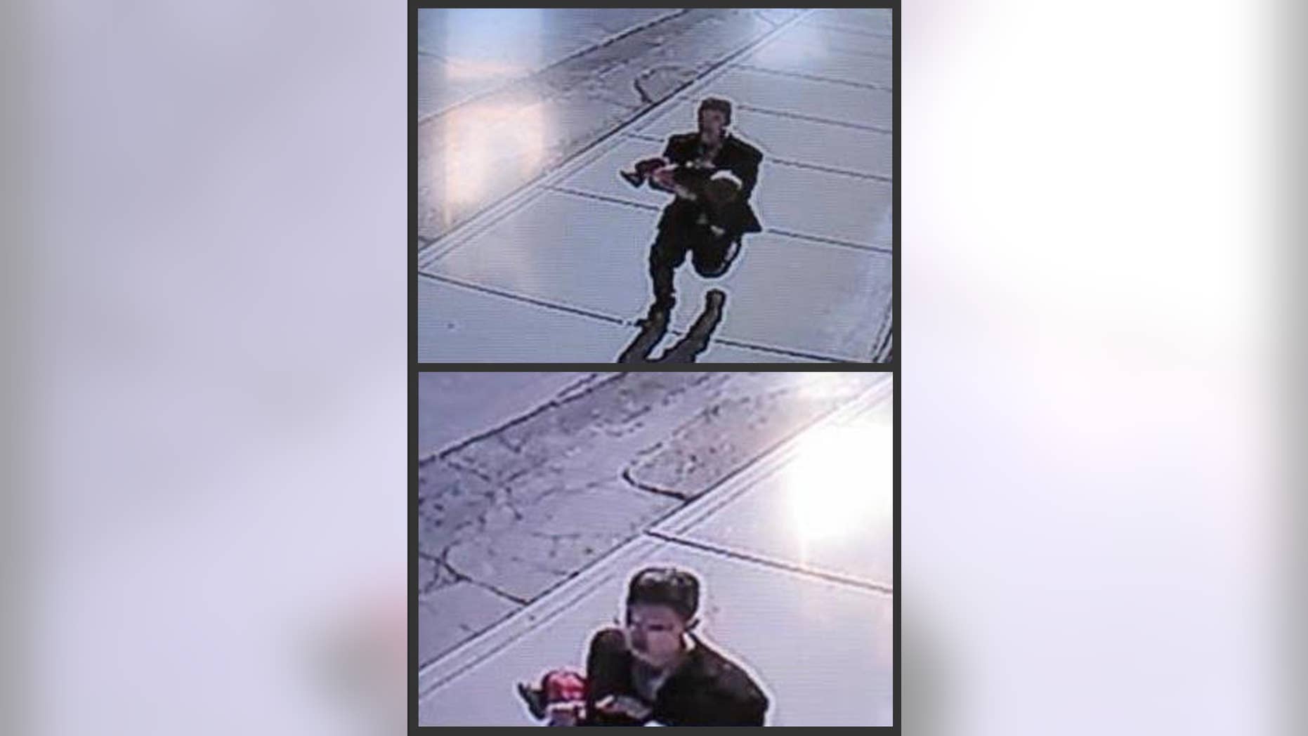 In this combination of still images taken from surveillance video on Sunday, March 8, 2015, and provided by the Lincoln County Sheriff's Office, a man runs down a street, carrying a toddler in an apparent kidnapping attempt in Sprague, Wash. The video shows the boy's young sister chasing after the man, who set the boy down and ran off. Lincoln County Sheriff Wade Magers says officers don't have any leads in the search for the suspect, but they don't believe the man is a resident of the town of about 500 people. The boy, 22-month-old Owen Wright, was unhurt. (AP Photo/Lincoln County Sheriff's Office)