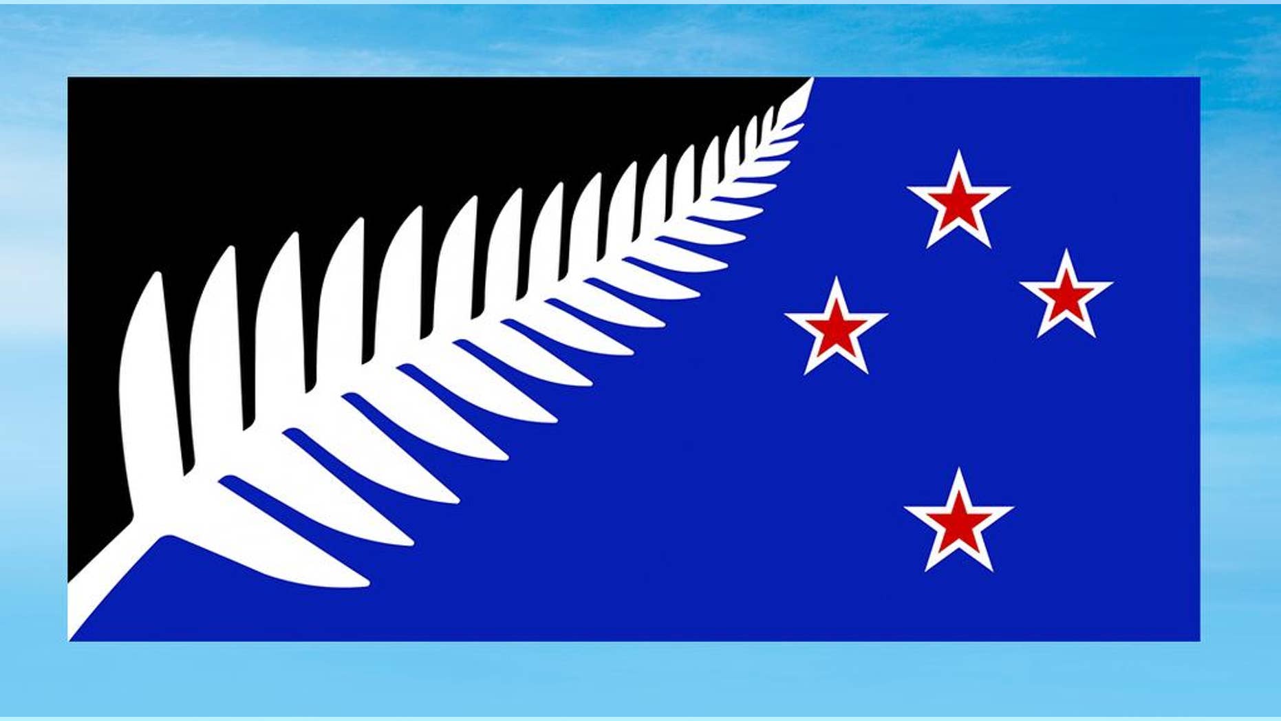 This undated illustration provided by the New Zealand Government shows a flag design; Silver Fern (Black, White and Blue) by Kyle Lockwood. Final results from a postal ballot were announced Tuesday, Dec. 15, 2015. The winning design features a silver fern and red stars on a black and blue background. The new design will now go head-to-head against the current flag in a national vote that will be held in March. (New Zealand Government via AP)
