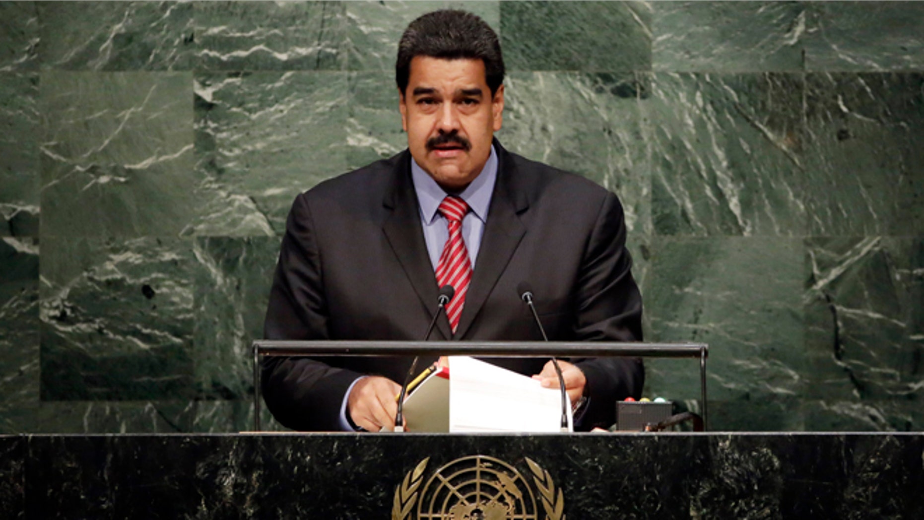 President Nicolas Maduro Moros, of Venezuela, addresses the 2015 Sustainable Development Summit, Sunday, Sept. 27, 2015, at United Nations headquarters. (AP Photo/Richard Drew)