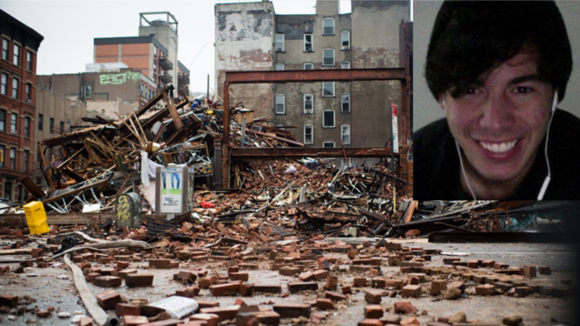 A pile of debris remains at the site of a building explosion in the East Village neighborhood of New York, Friday, March 27, 2015. Nineteen people were injured, four critically, after the powerful blast and fire sent flames soaring and debris flying Thursday afternoon. Inset: Nicholas Figueroa. (Photos: AP Photo/The New York Times, Nancy Borowick, Pool; Inset: Facebook)