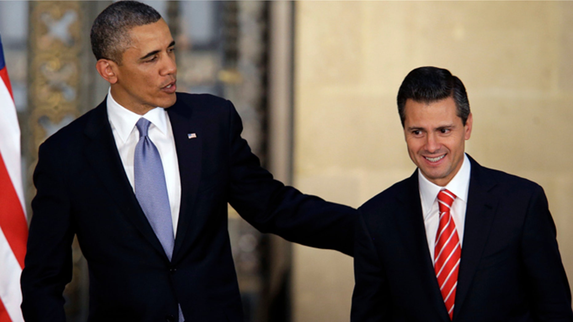 President Barack Obama and Mexico's President Enrique Pena Nieto, right, leave a joint news conference in Mexico City, Mexico, Thursday, May 2, 2013. Obama sought on Thursday to tamp down a potential rift with Mexico over a dramatic shift in the cross-border fight against drug trafficking and organized crime, acceding that Mexicans had the right to determine how best to tackle the violence that has plagued their country. (AP Photo/Dario Lopez-Mills)