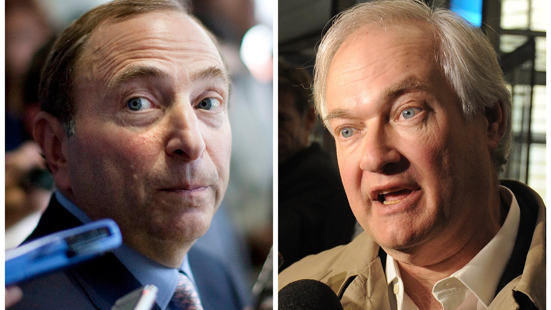This photo combo shows NHL Commissioner Gary Bettman, left, talking to the media in Toronto, on Thursday, Aug. 23, 2012, and at right is Donald Fehr, executive director of the NHL Players' Association, speaking to the media, Friday, Nov. 9, 2012, in New York. The NHL and the players' association said they reached a tentative agreement early Sunday, Jan. 6, 2013, in New York, to end a nearly four-month-old lockout that threatened to wipe out the season. (AP Photo)