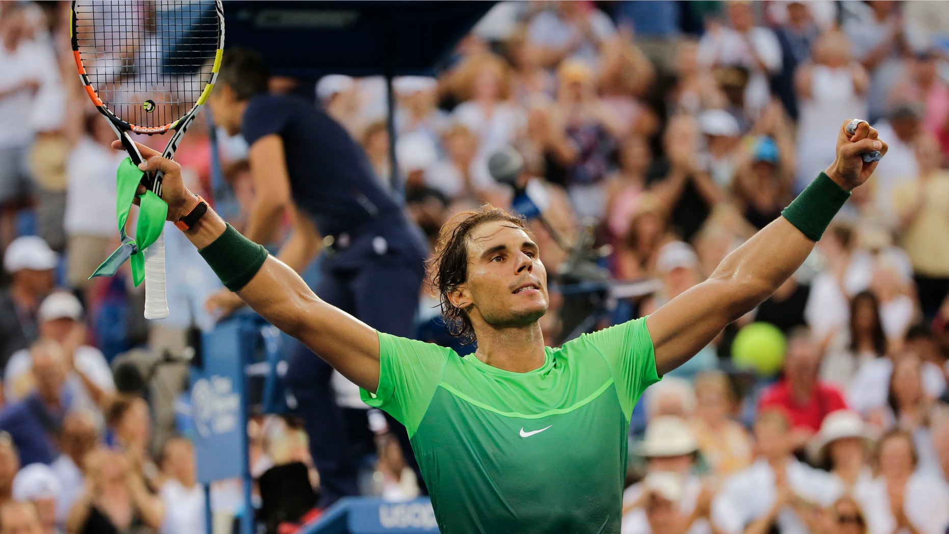Rafael Nadal, of Spain, reacts after beating Diego Schwartzman, of Argentina, during the second round of the U.S. Open tennis tournament, Wednesday, Sept. 2, 2015, in New York. (AP Photo/Frank Franklin II)
