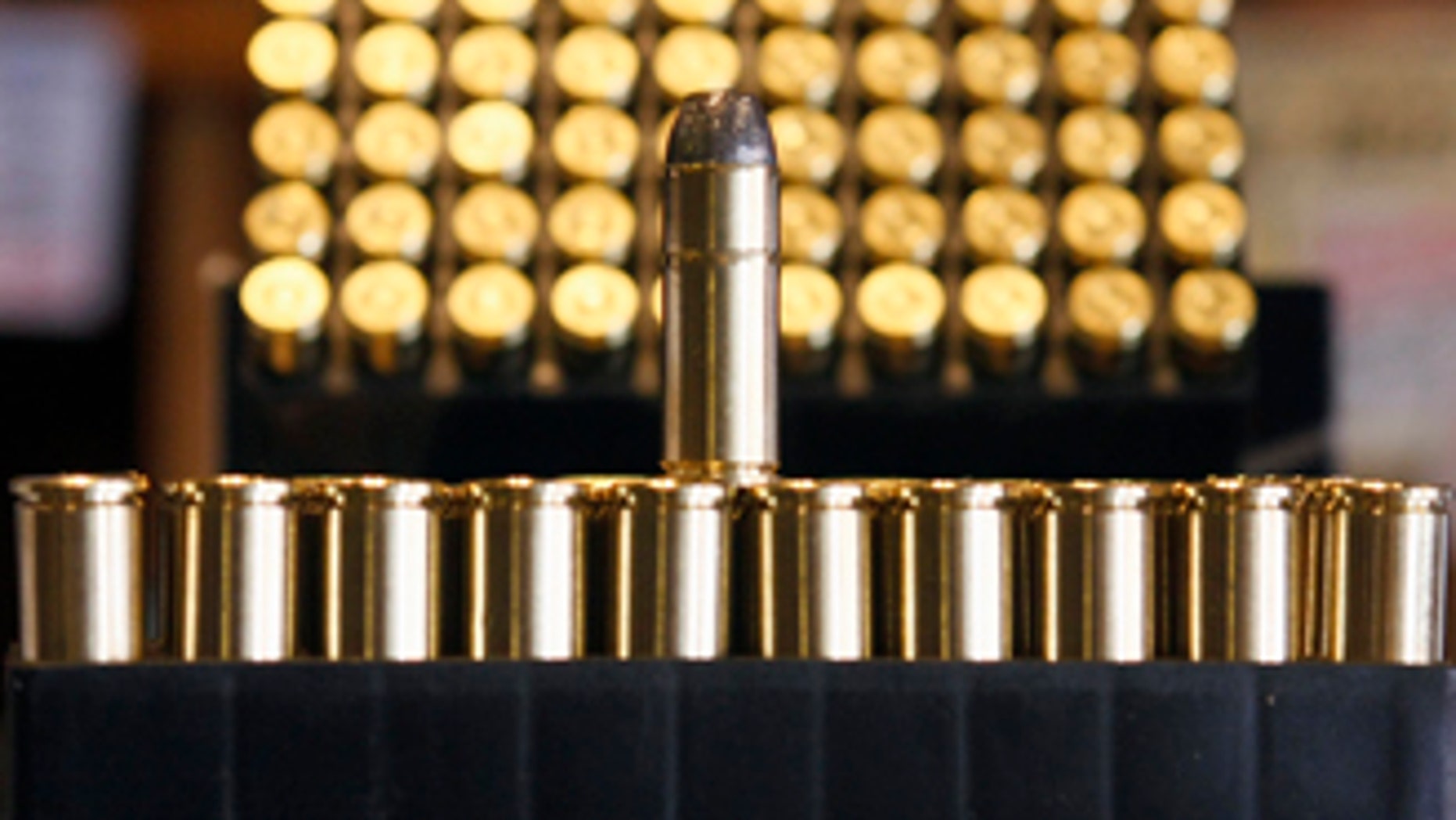 .38 caliber ammunition is seen at Jim Newbauer's gun shop in Tombstone, Arizona May 14, 2008. Newbauer has raised the price of a box of the rounds from seven dollars to $17 in two years due to the increase he has had to pay. Millions of shooters, hunters and even lawmen across the United States feeling the pinch as sky-high metals prices and demand from wars abroad are driving up the price of bullets. To match feature METALS-USA/AMMO REUTERS/Jeff Topping (UNITED STATES)