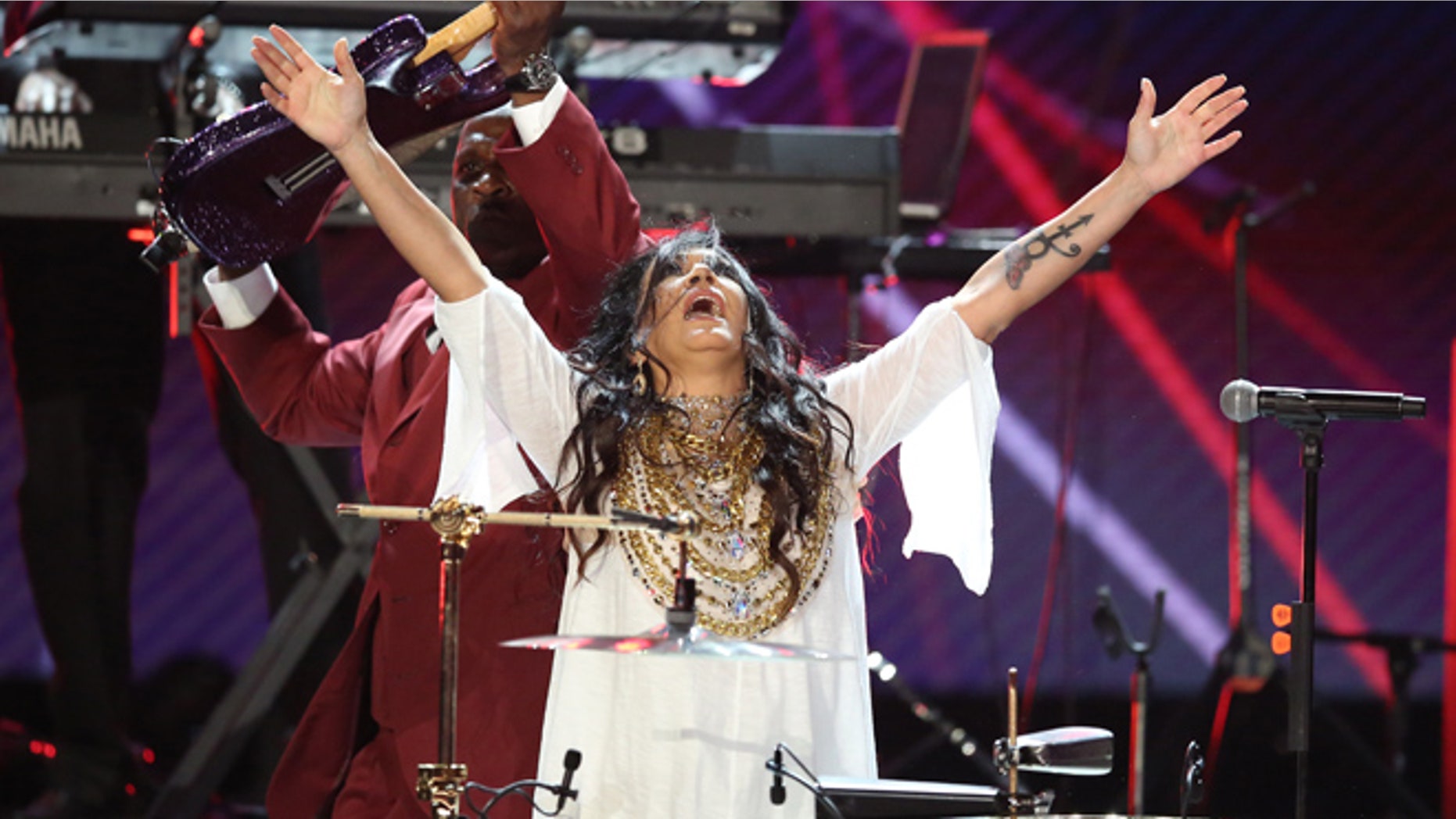 Sheila E. performs a tribute to Prince at the BET Awards at the Microsoft Theater on Sunday, June 26, 2016, in Los Angeles. (Photo by Matt Sayles/Invision/AP)