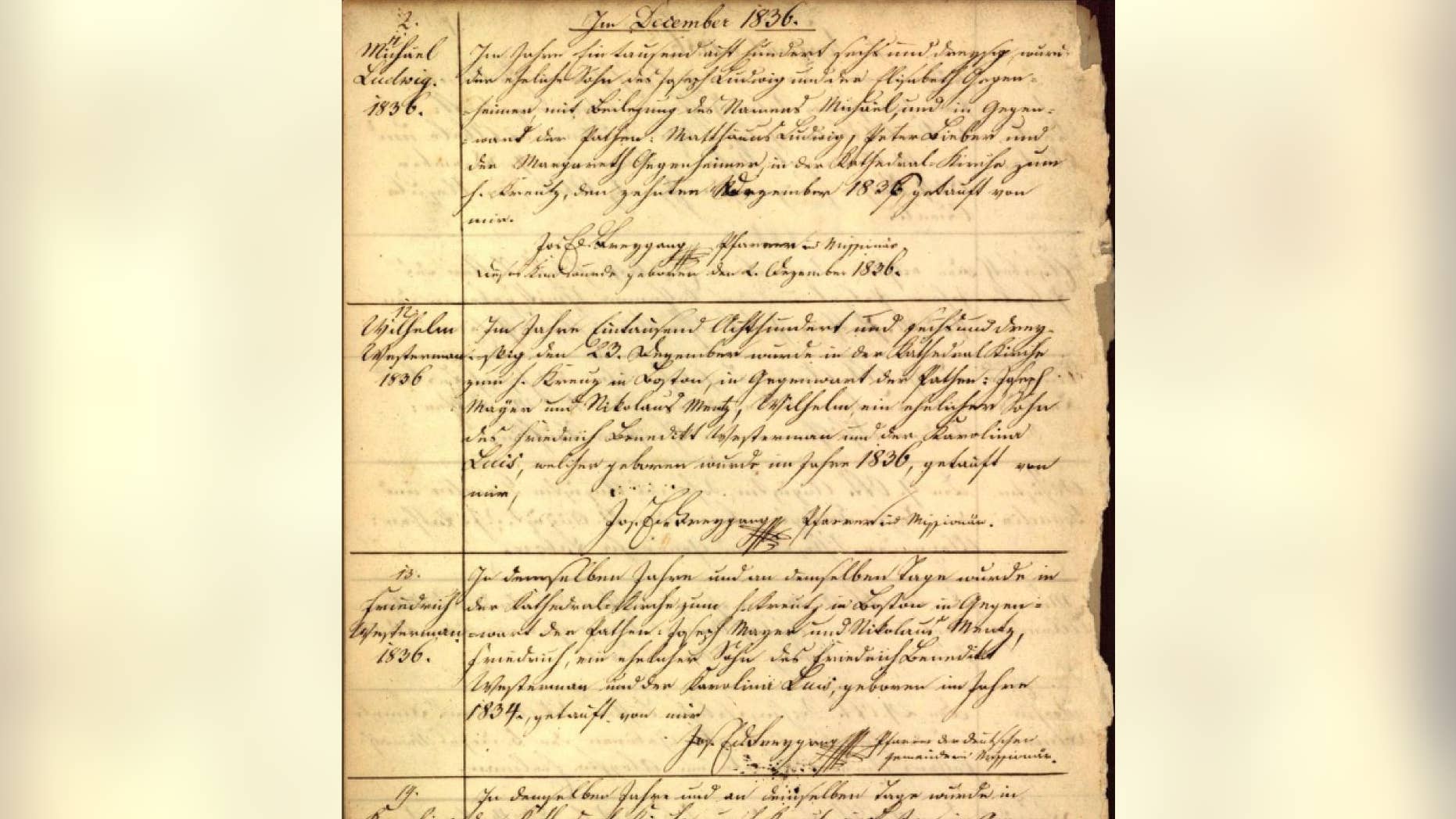 This image provided Monday, Jan. 9, 2017 by the New England Historic Genealogical Society shows a portion of a record of Roman Catholic baptisms from the Holy Trinity Church in 1836 in Boston. The society and the Archdiocese of Boston teamed up to make historic Catholic records dating to 1789 available online to people around the world looking to trace their roots. (New England Historic Genealogical Society via AP)