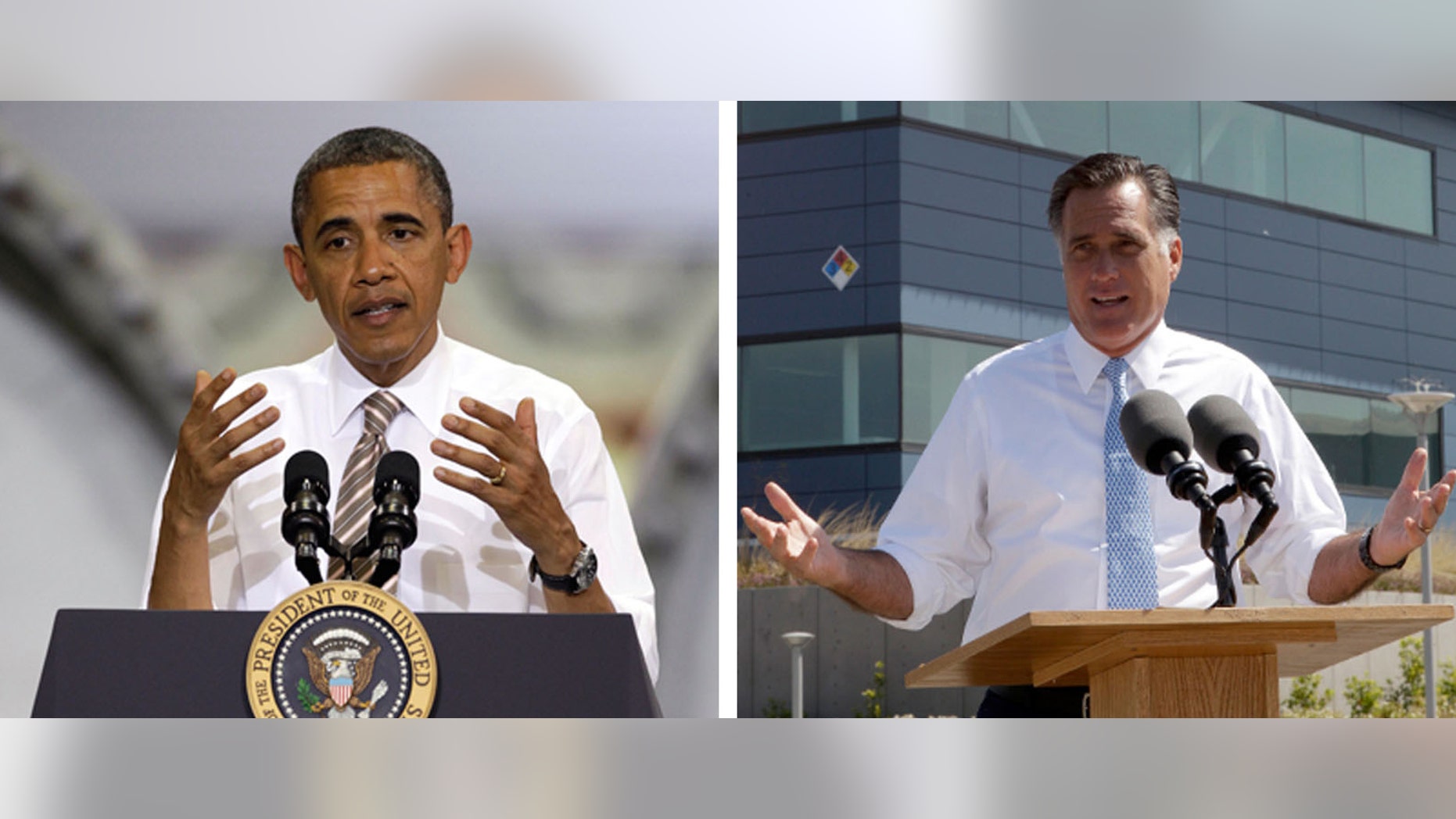 This combination of Associated Press file photos shows from left, President Obama speaking at the TPI Composites Factory, a manufacturer of wind turbine blades on May 24, 2012, in Newton, Iowa, and Republican presidential candidate, former Massachusetts Gov. Mitt Romney speaking at the Solyndra manufacturing facility on May 31, 2012, in Fremont, Calif. The weak May unemployment report released Friday, June 1, 2012, presents President Barack Obama with a sobering reminder that his stewardship of a gradual recovery from the deepest recession since the Great Depression presents a tenuous argument for his re-election. However anemic job growth and an uptick in joblessness to 8.2 percent give new resonance to Republican presidential rival Mitt Romney's campaign. (AP Photo/Charlie Neibergall, Mary Altaffer. File)