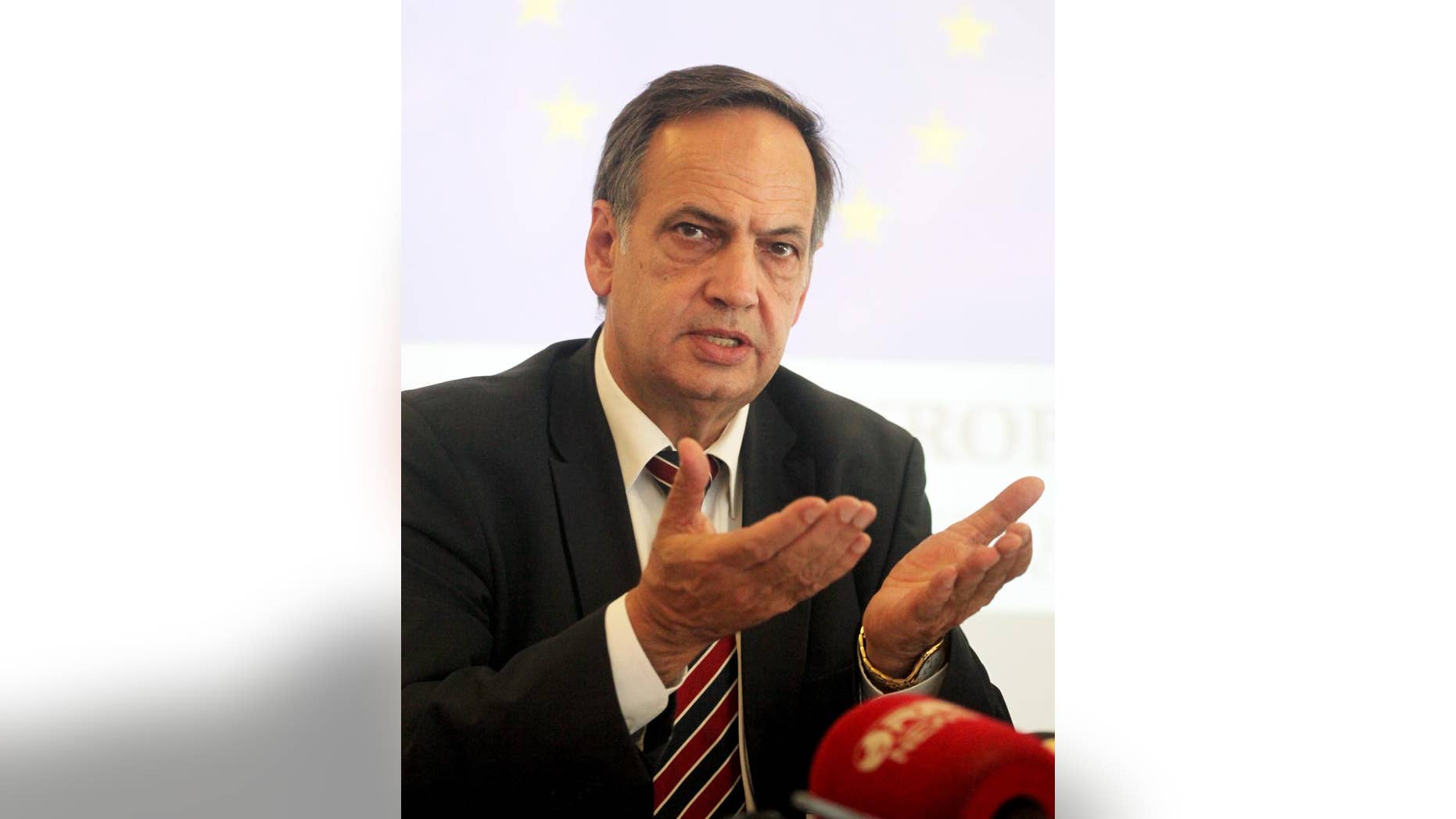 European Parliamentarian Knut Kleckenstein speaks at a news conference in Tirana, Albania, Monday July 18, 2016. Fleckenstein warned Albanian politicians to pass a judicial reform later this week or launching the membership negotiations with the European Union will not be possible. (AP Photo/Hektor Pustina)