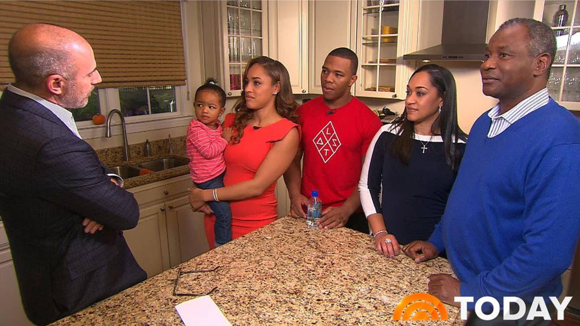 In this image from video provided by The Today Show, host Matt Lauer, left, interviews Janay Rice, holding daughter Rayven, and Ray Rice. Joining them are Janay's parents, Candy and Joe Palmer, right. Janay Rice says NFL Commissioner Roger Goodell wasn't being honest when he said Ray Rice was "ambiguous" about hitting her in a casino elevator. (AP Photo/The Today Show)