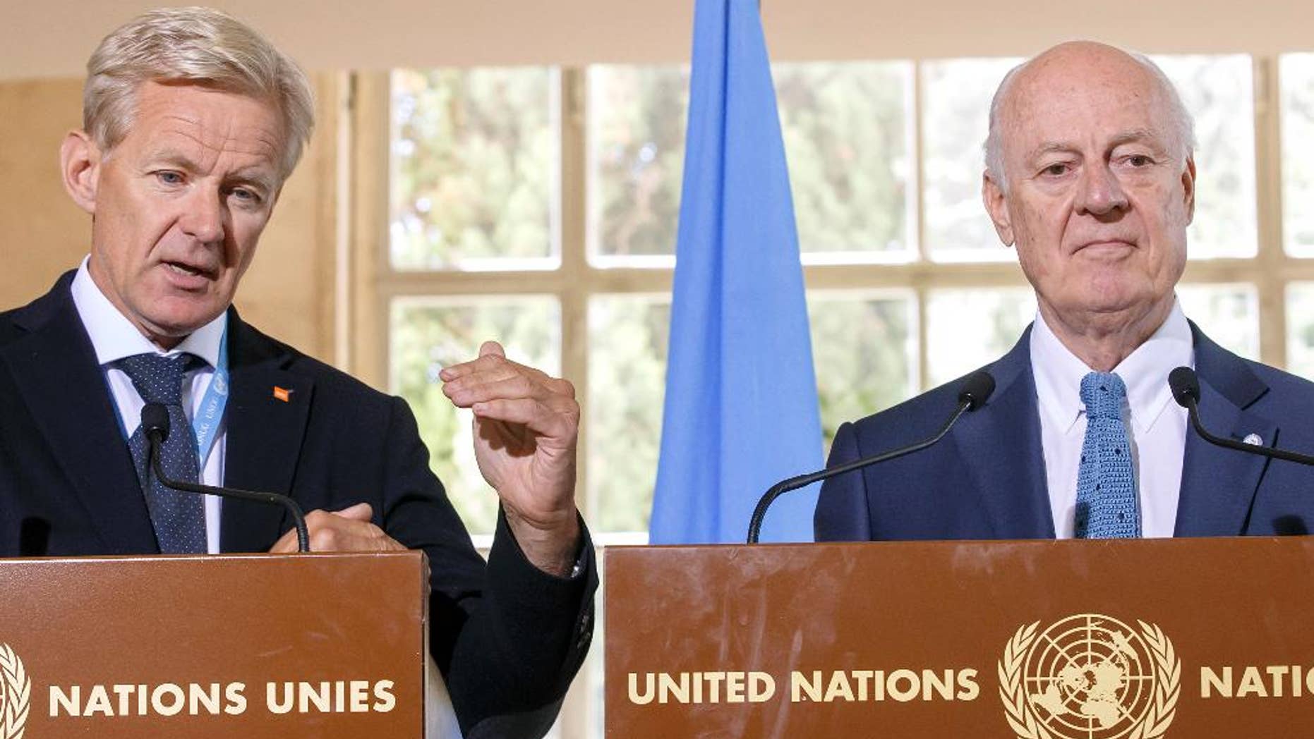 Staffan de Mistura, right, UN Special Envoy for Syria and Jan Egeland, left, Senior Advisor to the United Nations Special Envoy for Syria, attend a news conference after the meeting of the International Syria Support Group's Humanitarian Access Task Force at the European headquarters of the United Nations in Geneva, Switzerland, Thursday, Aug.11, 2016. (Salvatore Di Nolfi/Keystone via AP)