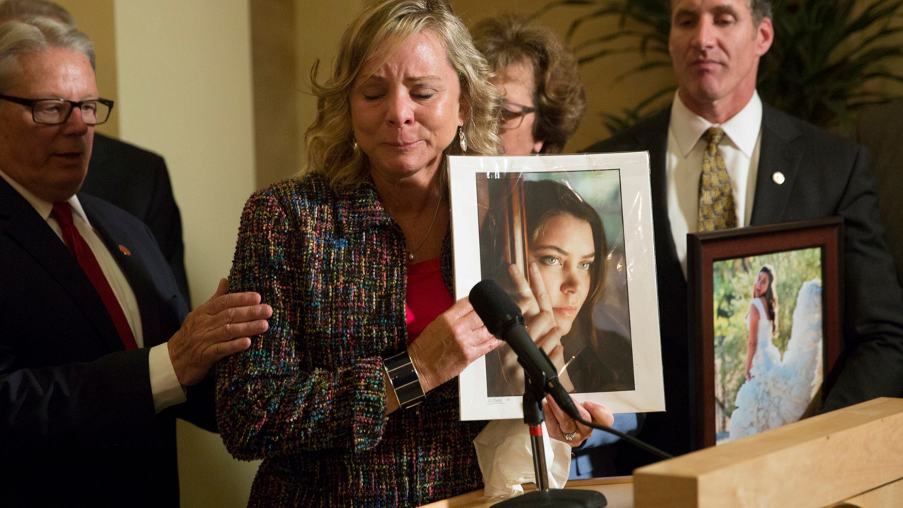 FILE 2015: Debbie Ziegler, mother of Brittany Maynard, speaks to the media after the passage of legislation, which would allow terminally ill patients to legally end their lives, at the state Capitol, in Sacramento.