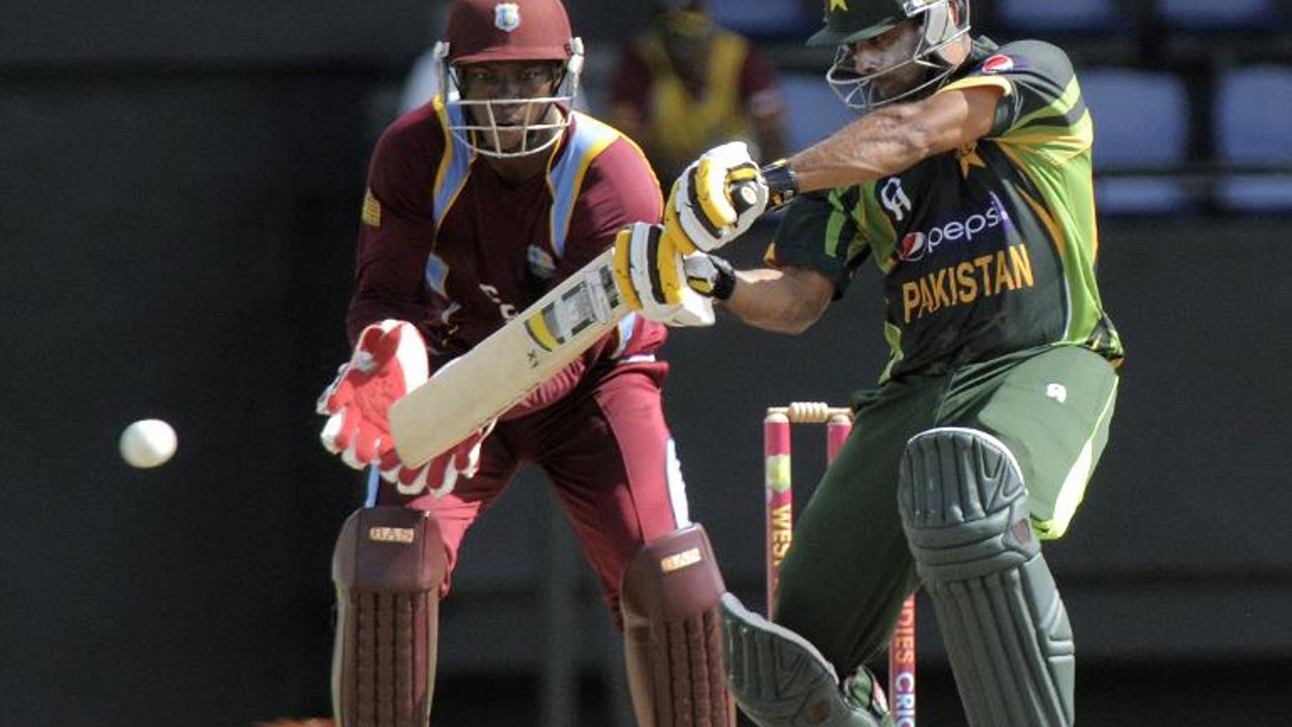 Pakistan opener Mohammad Hafeez bats in the foutth ODI West Indies v Pakistan at Beausejour Cricket Ground in Gros Islet on July 21, 2013