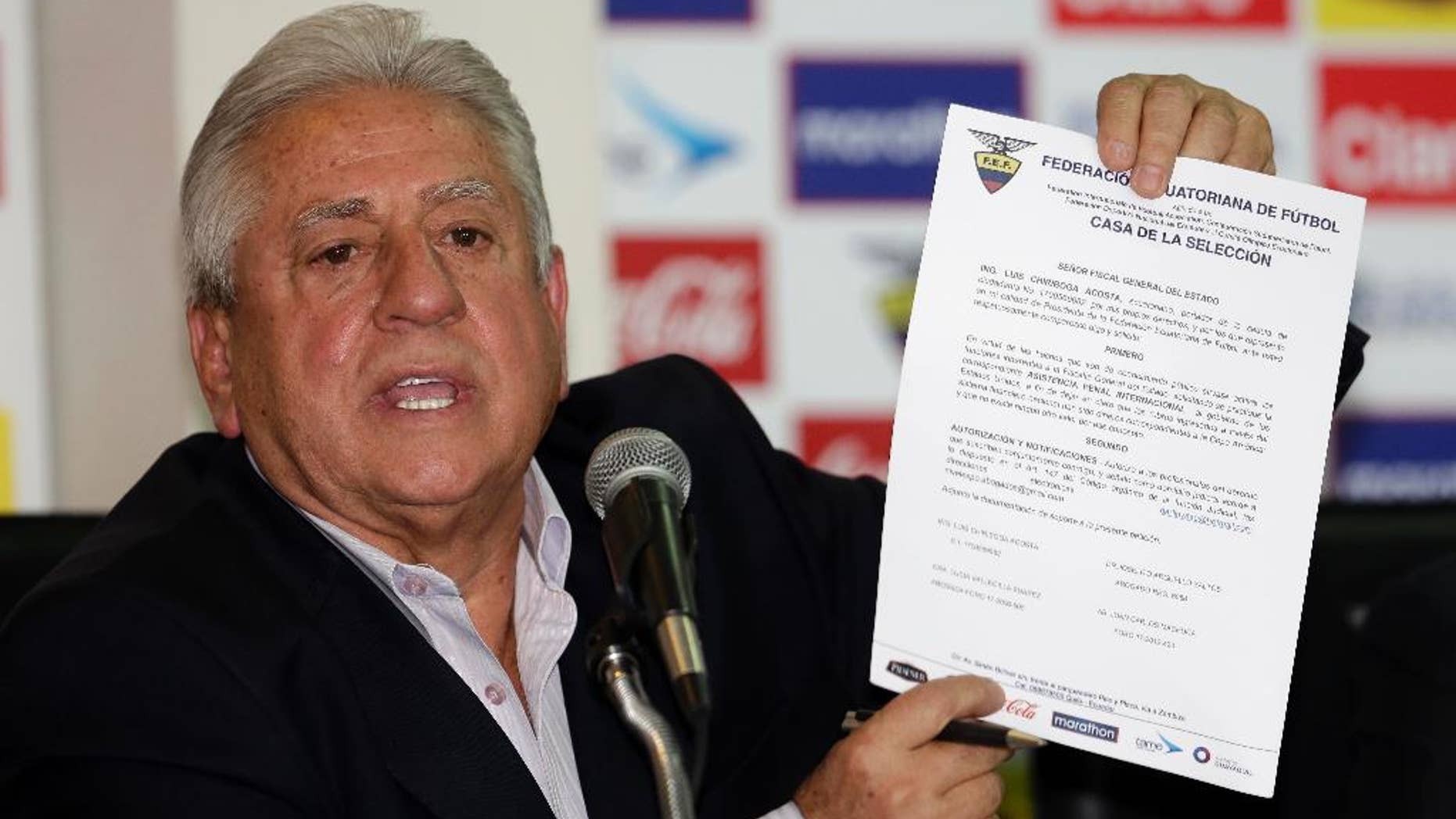 FILE - This June 1, 2015 file photo shows Luis Chiriboga, Ecuadorean Football Federation president, at a press conference in Quito. Chiriboga was convicted Friday, Nov. 18, 2016 of money laundering and given a 10-year sentence in a case tied to the corruption scandal at FIFA, the sport’s international governing body. (AP Photo/Dolores Ochoa, File)