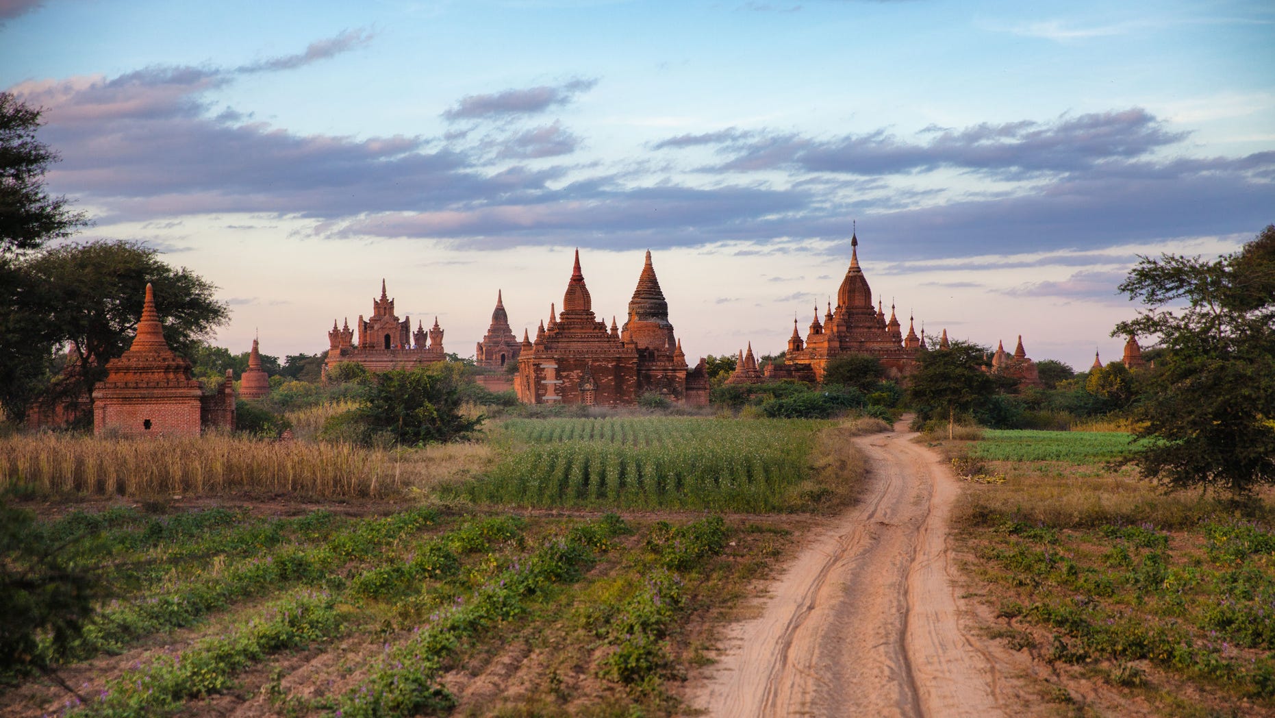 This December 2012 photo shows agricultire and some of the over 2200 Pagodas found in Bagan, Myanmar. (AP Photo/Richard Camp)