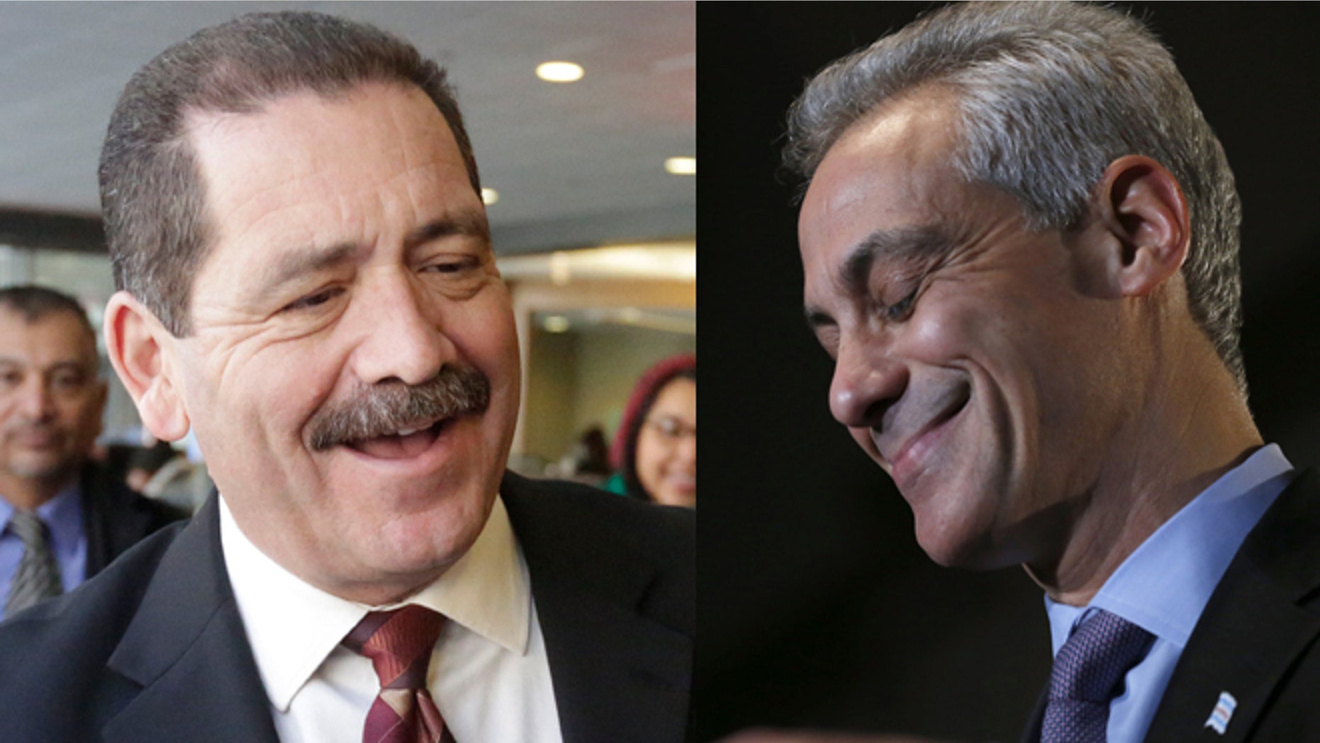 Left: Chicago mayoral candidate, Cook County Commissioner Jesus "Chuy" Garcia on Monday, Feb. 23, 2015, in Chicago.(AP Photo/M. Spencer Green) Right: Chicago Mayor Rahm Emanuel on Tuesday, Feb. 24, 2015, in Chicago. (AP Photo/Charles Rex Arbogast)
