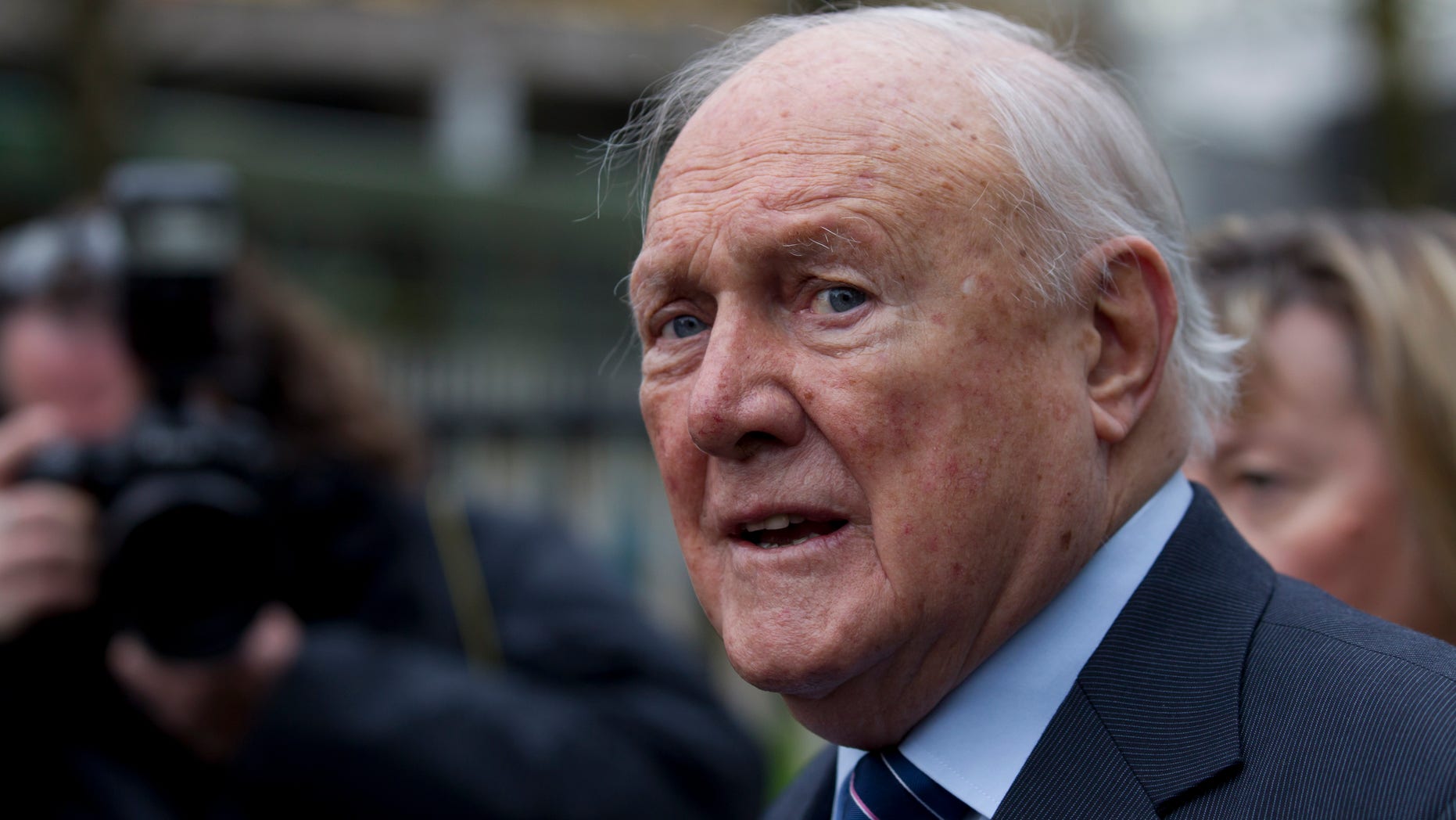 Feb. 7, 2013: In this file photo, former BBC broadcaster presenter Stuart Hall makes a statement to the media after appearing in court in Preston, England. BBC broadcaster Stuart Hall has pleaded guilty to multiple assaults on young girls. Prosecutors said Thursday May 2, 2013 that the 83-year-old sports broadcaster has pleaded guilty to 14 indecent assaults.