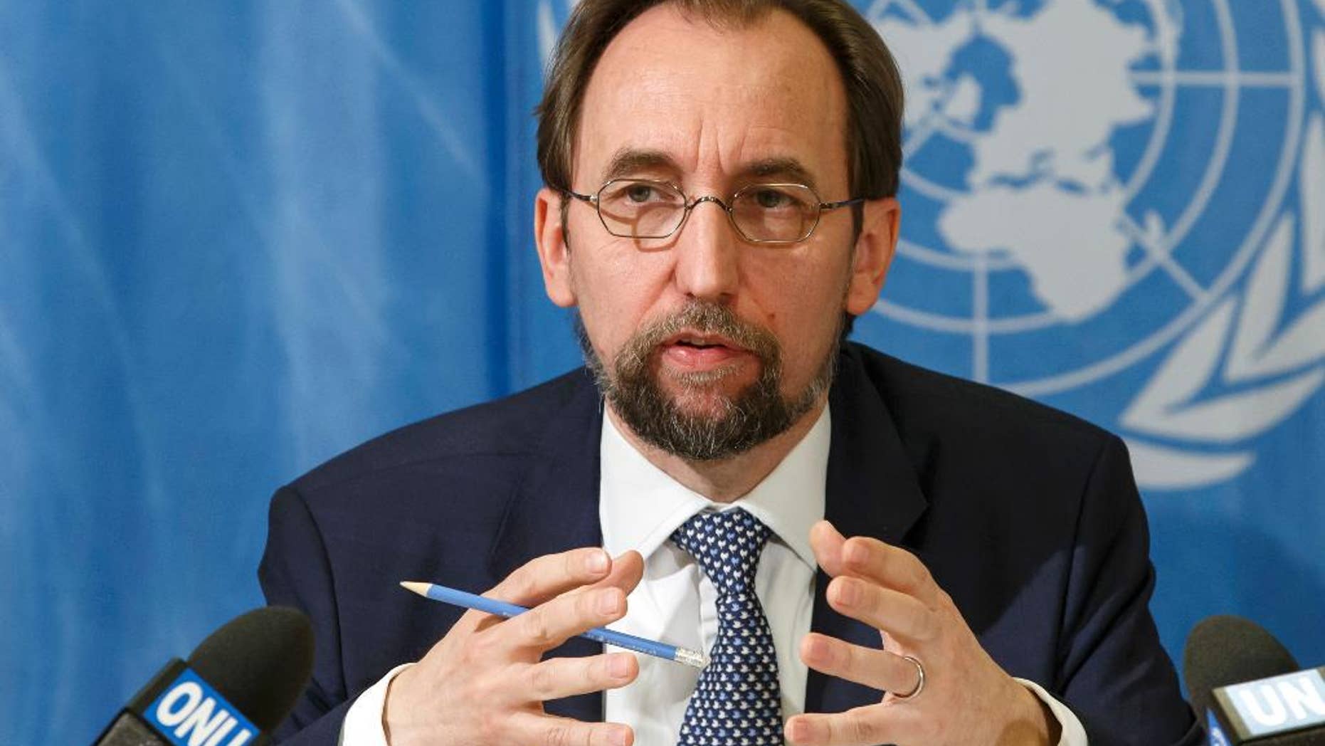 U.N. High Commissioner for Human Rights Jordan's Zeid Ra'ad al Hussein speaks to the media during a news conference at the European headquarters of the United Nations in Geneva, Switzerland, Monday, May 1, 2017. (Salvatore Di Nolfi/Keystone via AP)