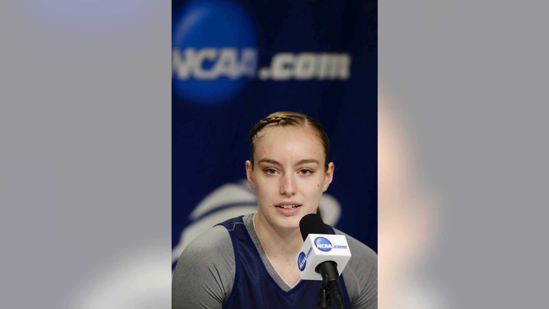 BYU's Lexi Eaton speaks at a news conference ahead of team practice in Lincoln, Neb., Friday, March 28, 2014. BYU will play Connecticut in an NCAA Lincoln Regional women's semifinal basketball game on Saturday. (AP Photo/Nati Harnik)