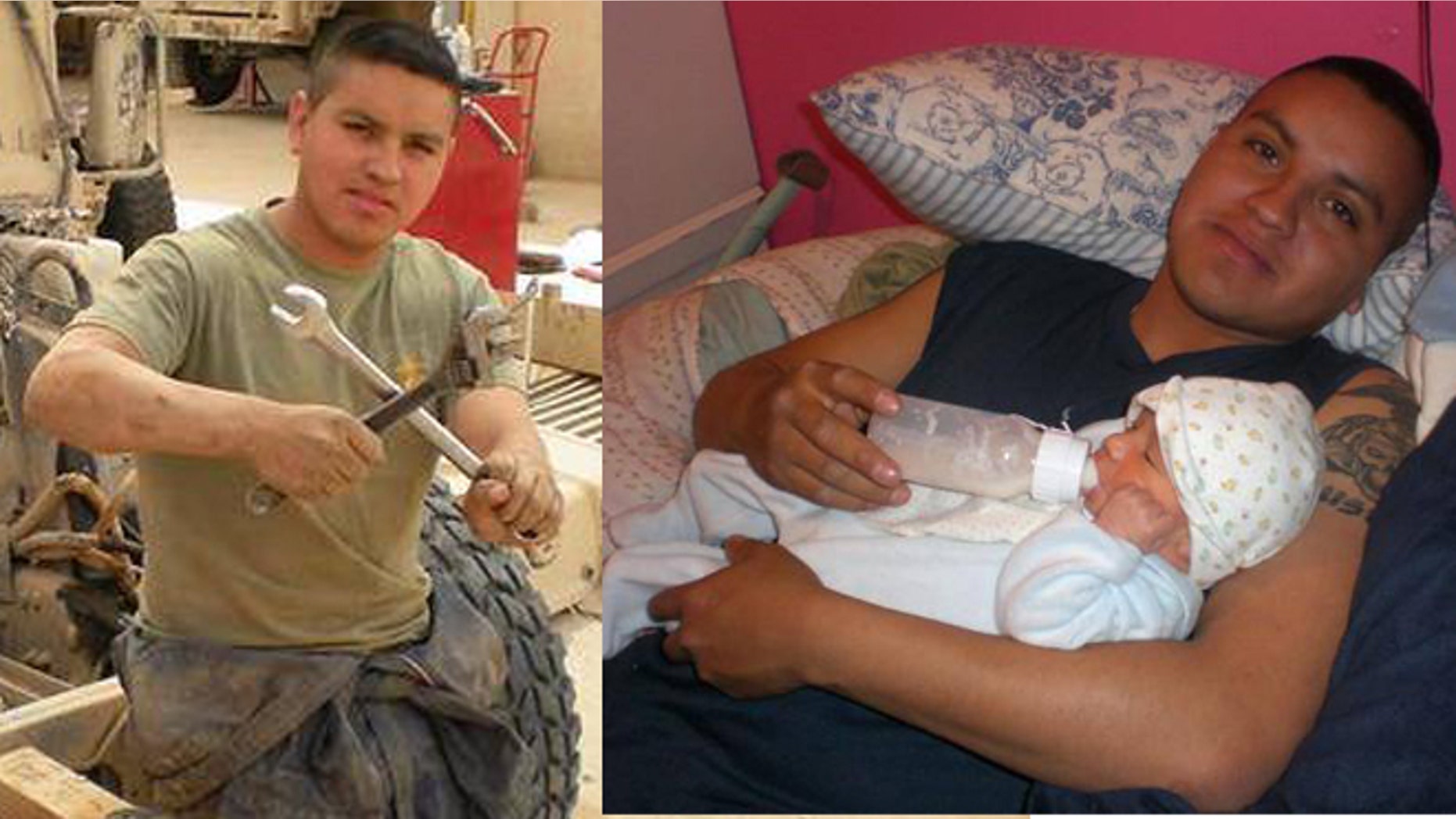 Armando Torres, 25, served with the marines from 2005 to 2011 (pictured left). He is the father of two sons. (pictured right).
