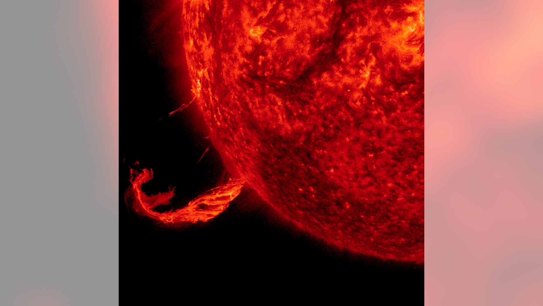 Photo of a coronal mass ejection, along with part of a solar filament, fired off by the sun on Feb. 24, 2015. When the sun is active, its magnetic field gains strength and extends farther out into space, helping deflect energetic cosmic rays away from the inner solar system.