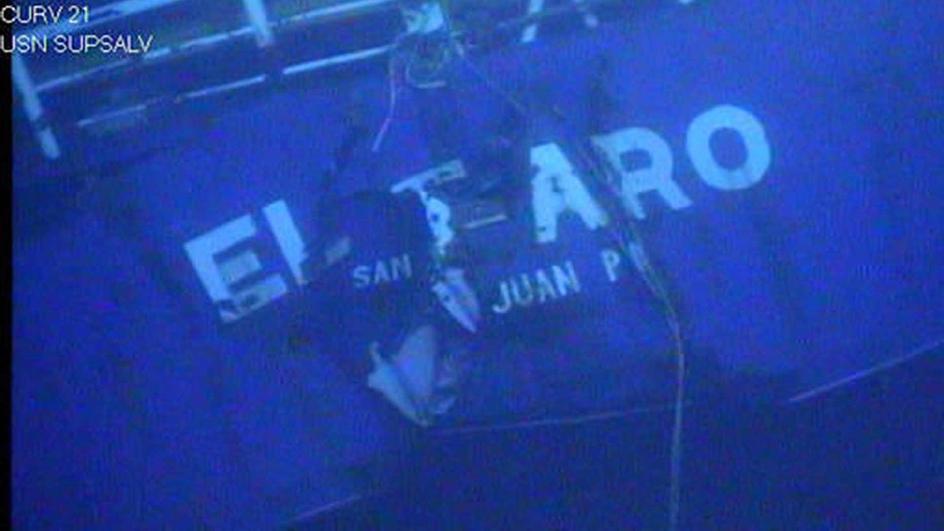 This undated image made from a video by the National Transportation Safety Board shows the stern of the sunken ship El Faro. Federal accident investigators are releasing a transcript of audio recovered from the bridge of the doomed freighter El Faro, which sank last year in a hurricane near the Bahamas. The recordings transcribed from the ship's voyage data recorder are set to be released Tuesday, Dec. 13, 2016, by the NTSB in Washington, D.C. (National Transportation Safety Board via AP)