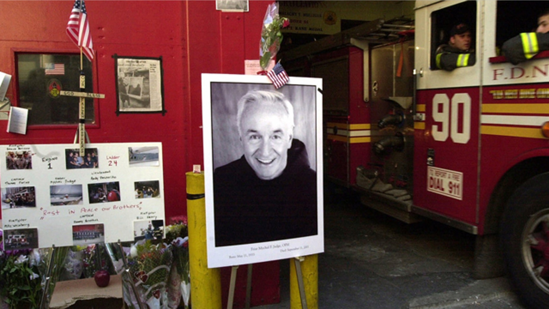 FILE: Memorial for Mychal Judge, New York Fire Department chaplain, and other firefighters lost in World Trade Center attack.
