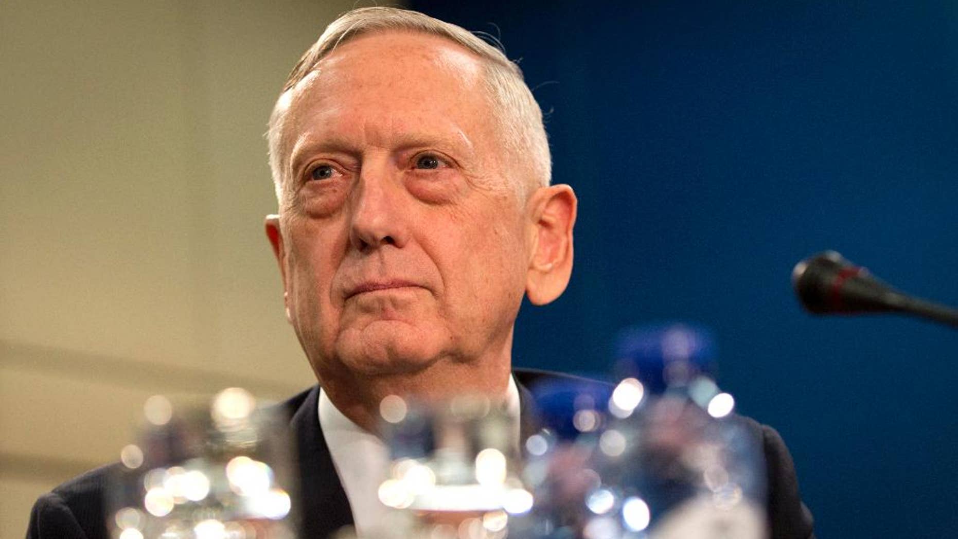 Secretary of Defense Jim Mattis sits at a NATO headquarters in Brussels on Feb. 15.