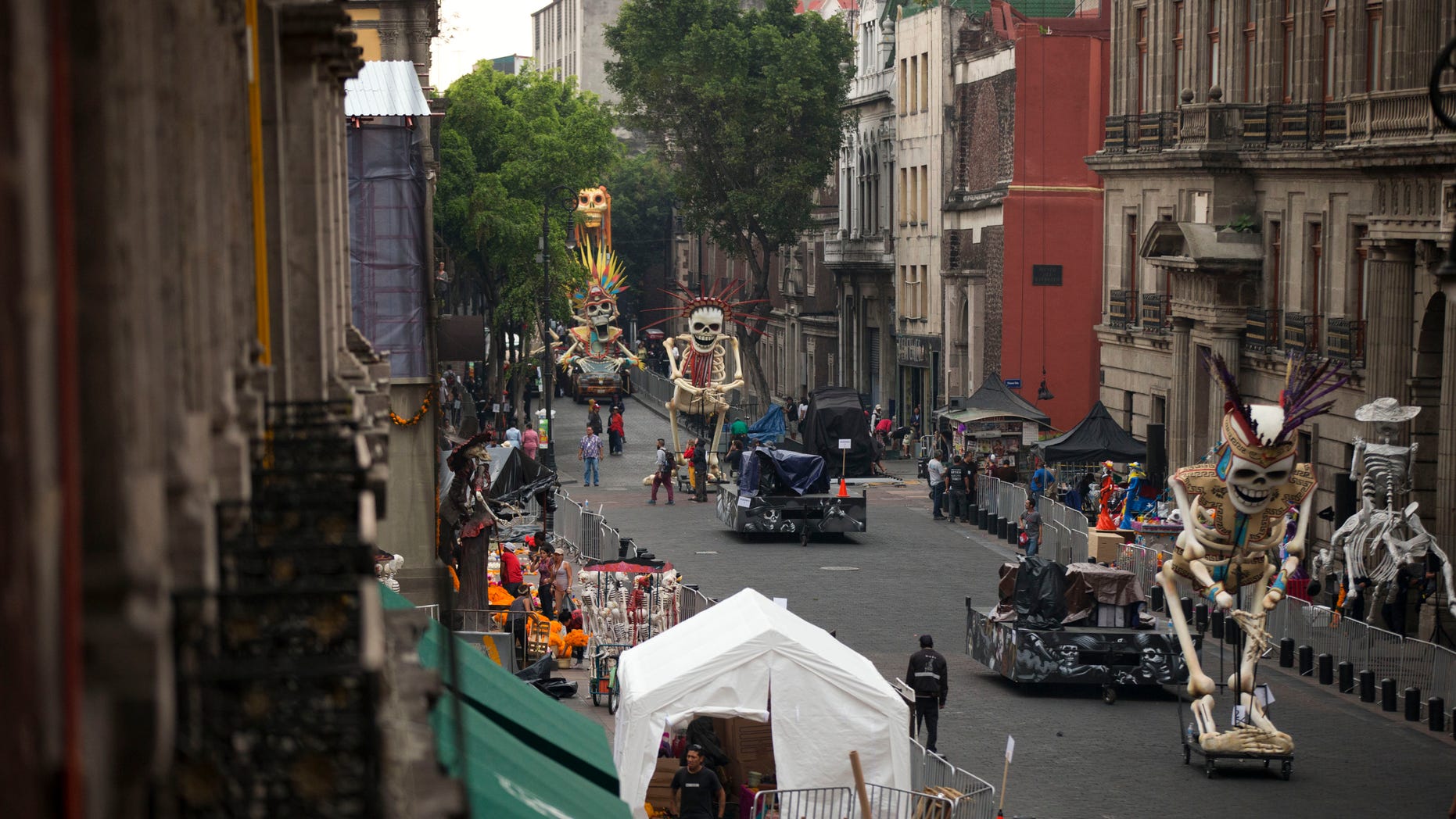 Crew members work on the James Bond film "Spectre" in the historic center of Mexico City, Thursday, March 19, 2015.