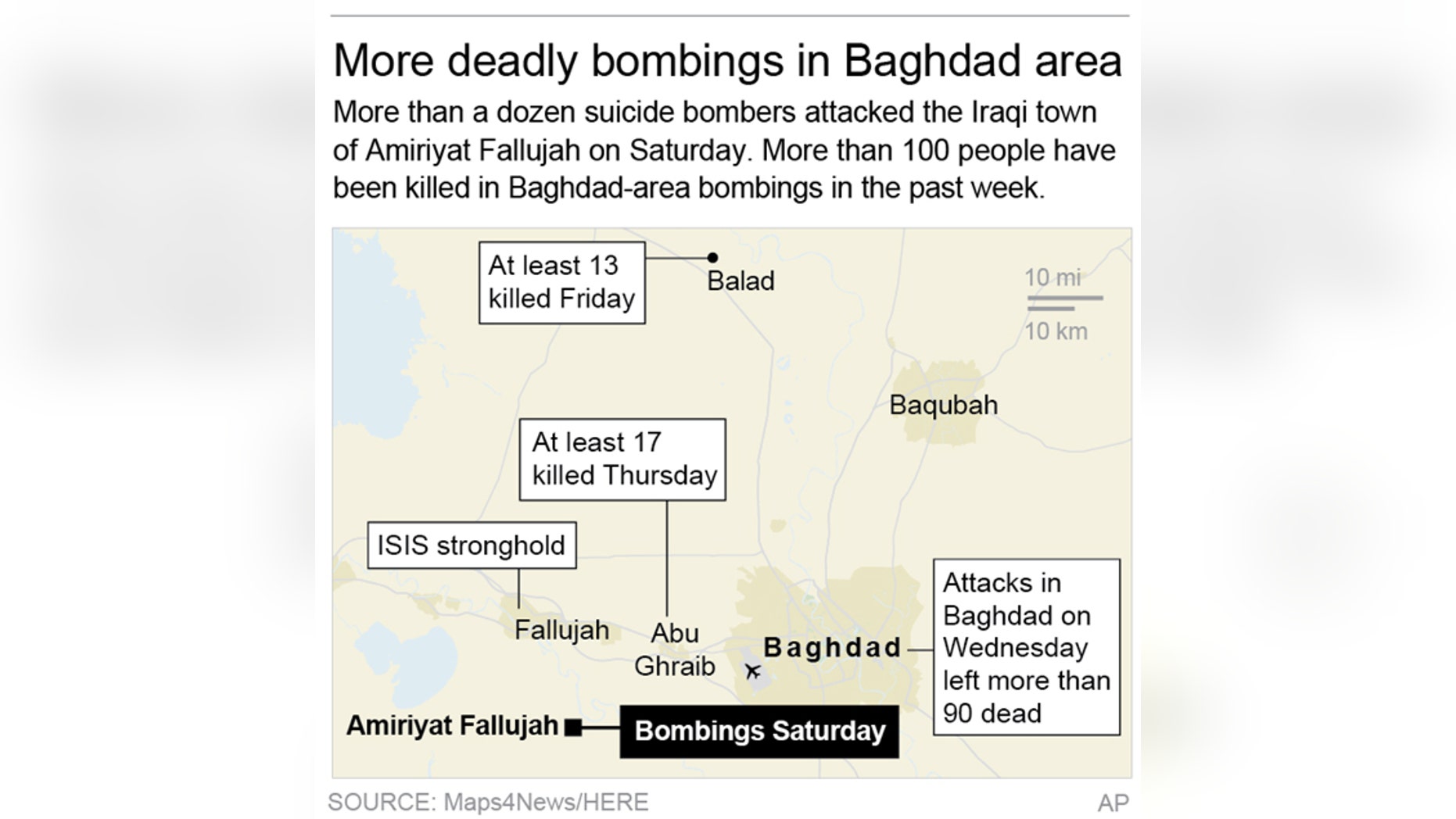 Map locates areas in and near Baghdad where there have been deadly bombings in the past week; 2c x 3 1/4 inches; 96.3 mm x 82 mm;