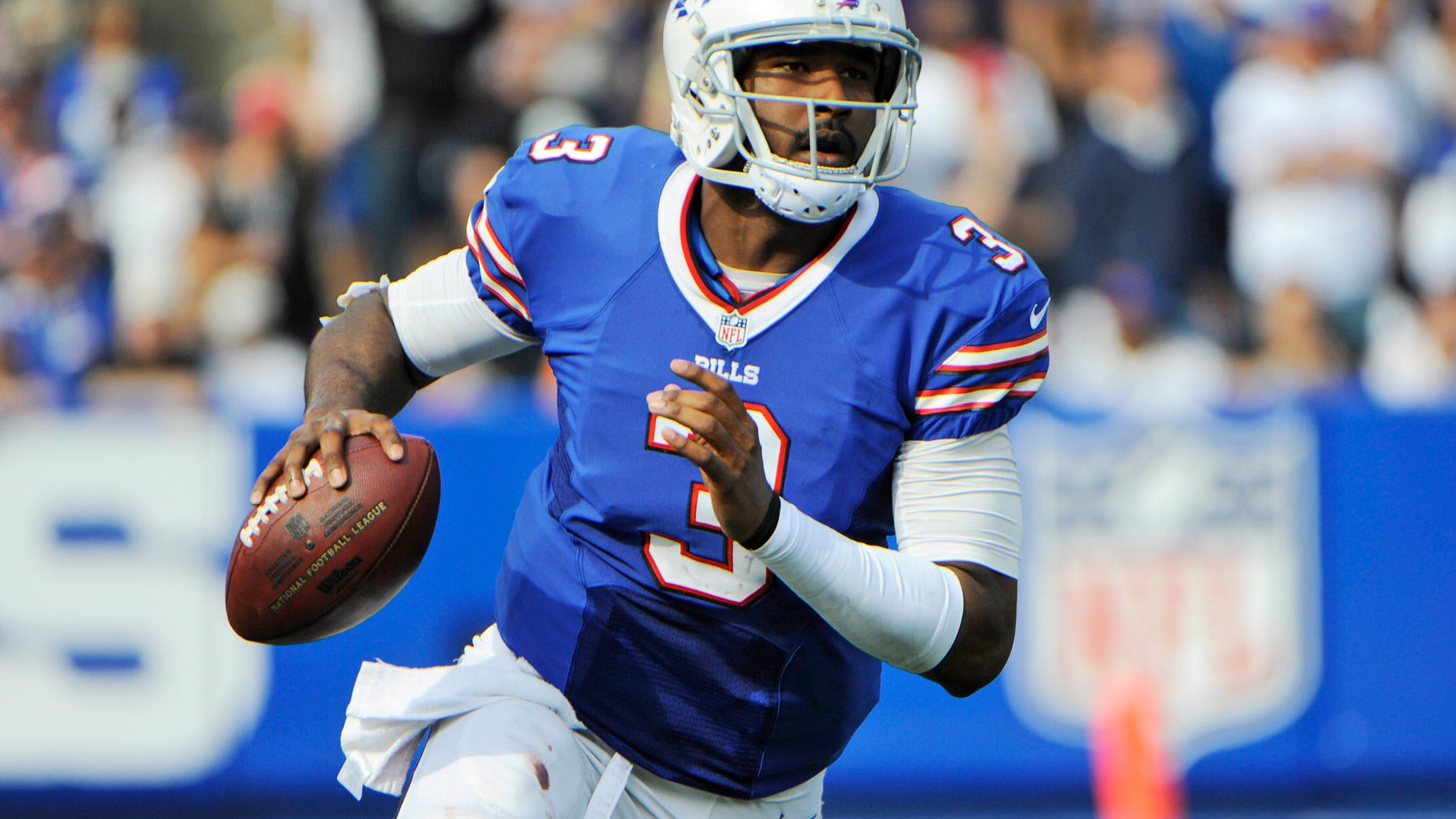 FILE - In this Sept. 29, 2013 file photo, Buffalo Bills quarterback EJ Manuel (3) looks to pass against the Baltimore Ravens during the second half of an NFL football game in Orchard Park, N.Y. The Bills rookie quarterback on Monday, Nov. 4, 2013, declared himself ready to return after missing four weeks with a sprained right knee. All that's standing in Manuel's way is a green light from coach Doug Marrone. (AP Photo/Gary Wiepert, File)