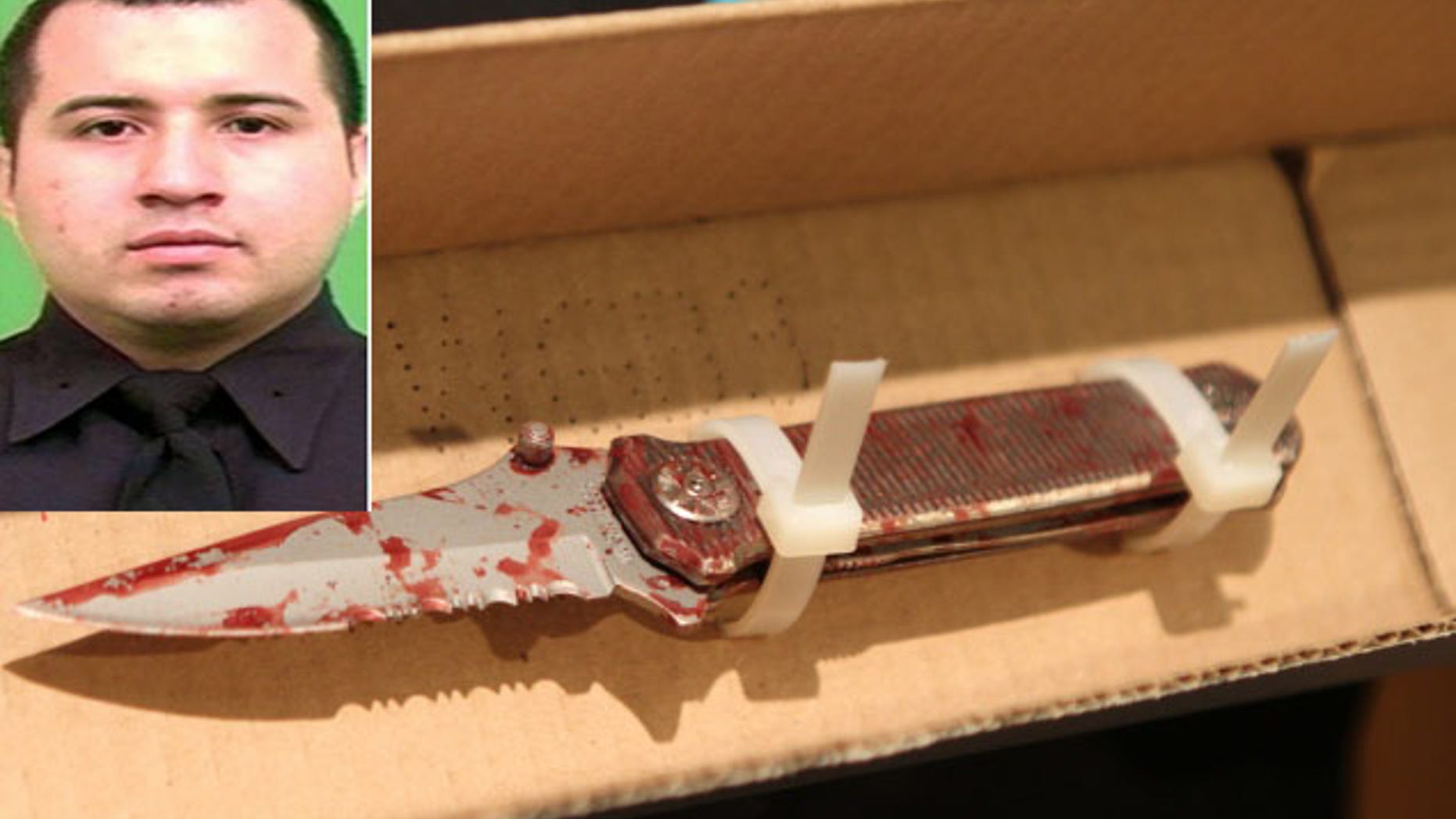 Photo credit: Handout/Nancy Borowick | An NYPD handout photo of Officer Eder Loor, and right, the 3 1/2 inch knife used by assailant Terrence Hale on the injured officer in Manhattan. (April 17, 2012)