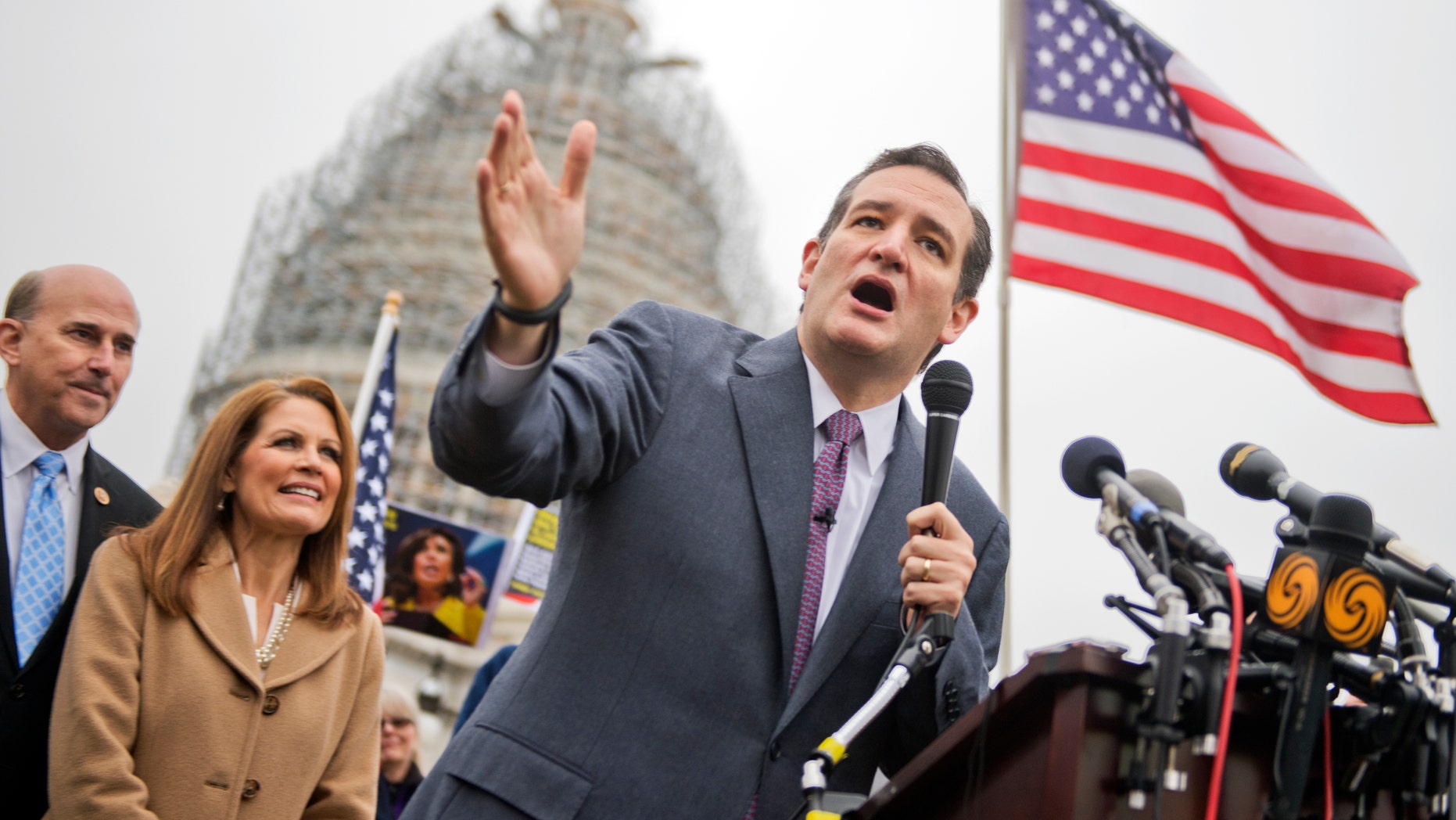 UNITED STATES - DECEMBER 03: Sen. Ted Cruz, R-Texas, speaks at the podium as Reps. Louie Gohmert, R-Texas, and Michelle Bachmann, R-Minn., look on, during a rally on the east front lawn of the Capitol to call for the defunding of President Obama's executive action that gives a temporary reprieve to undocumented immigrants.