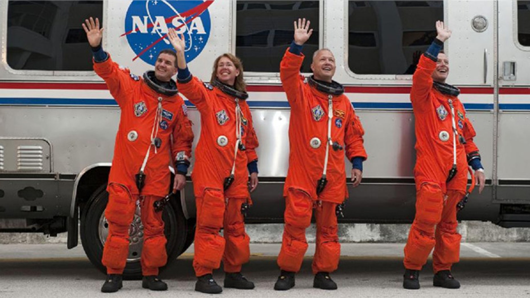 The final crew of Space Shuttle Atlantis (from left to right): mission specialists Rex Walheim and Sandy Magnus, pilot Doug Hurley, and command Chris Ferguson.