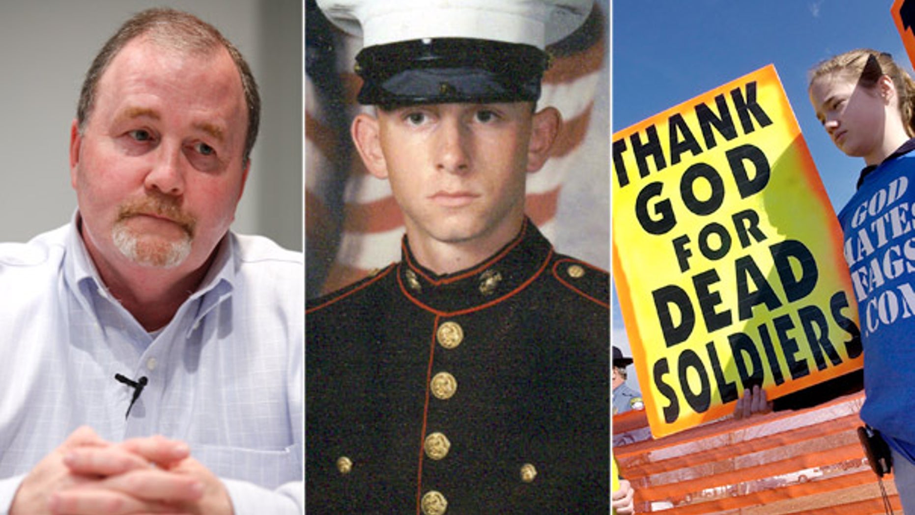FILE: Albert Snyder, left, is the father of Lance Cpl. Matthew Snyder, center, whose funeral was picketed by members of the Westboro Baptist Church, which is vowing to hold protests at the funeral of 9-year-old Christina Green, who was killed by a gunman during a public meeting with Arizona Rep. Gabrielle Giffords in Tucson last weekend.