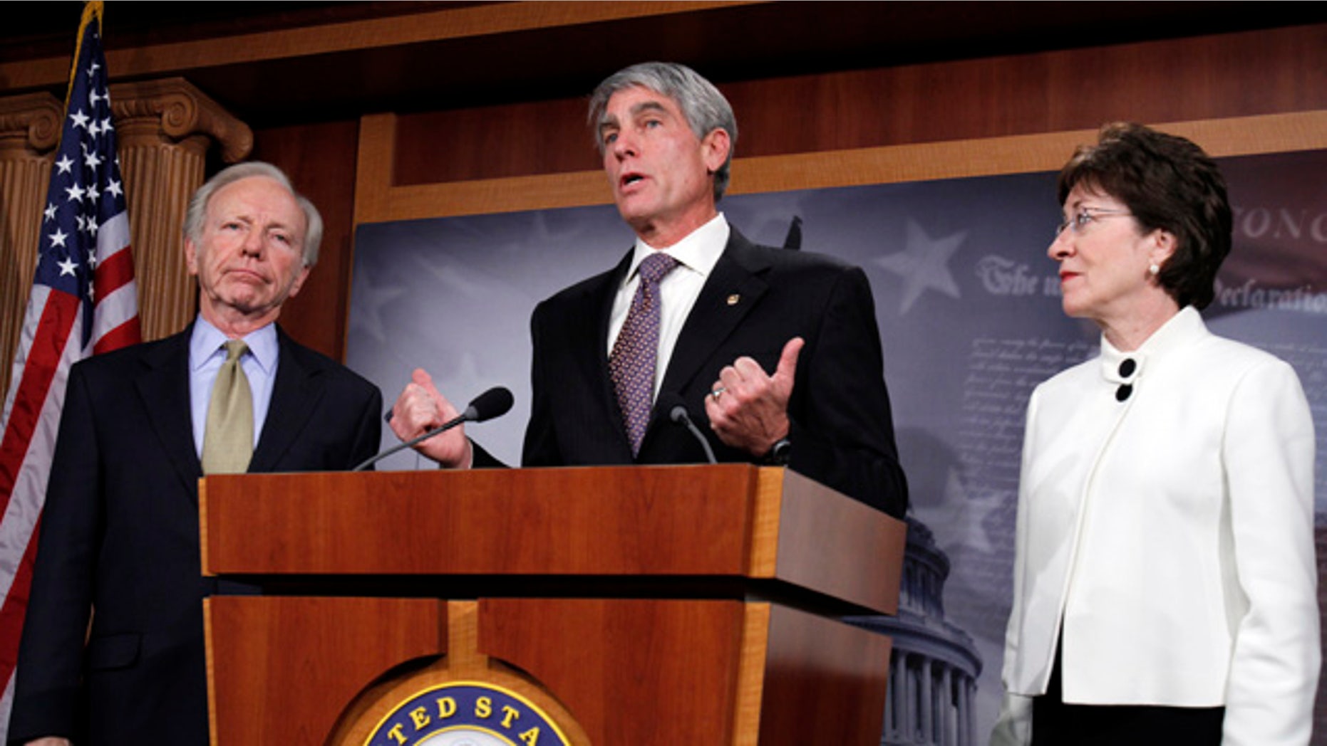 Dec. 9: Sen. Joseph Lieberman, I-Conn., Sen. Mark Udall, D-Colo., and Sen. Susan Collins, R-Maine, speak at a news conference following the defeat of a cloture motion of the Defense Authorization Bill containing repeal of the 'Don't Ask, Don't Tell' provision on Capitol Hill.