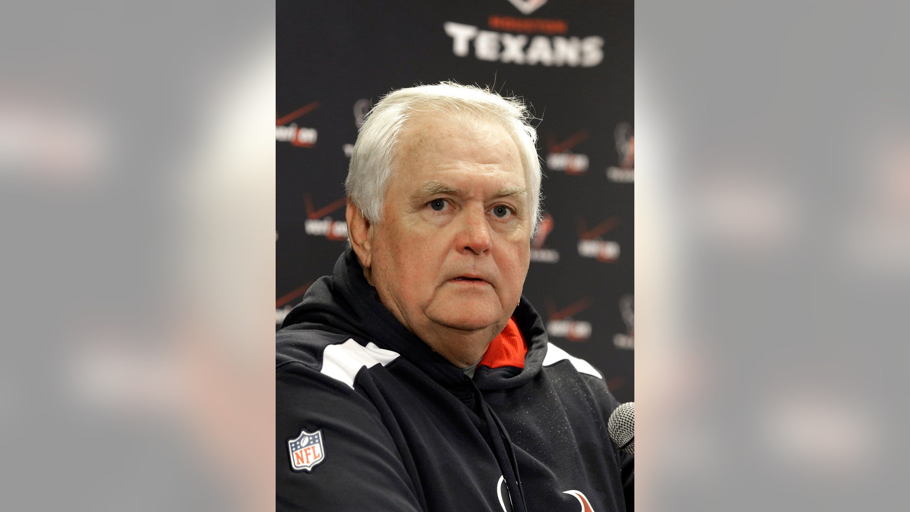 Houston Texans interim coach Wade Phillips talks to the media Monday, Dec. 9, 2013, in Houston. Coach Gary Kubiak was fired and Phillips and the Texans will try to find a way to end a franchise-record 11-game skid when they face Indianapolis on Sunday in an NFL football game. (AP Photo/Pat Sullivan)