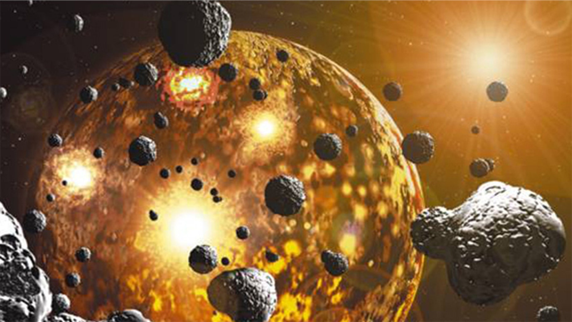 An artist's impression of the Earth during the period of meteorite bombardment 3.9 billion years ago.