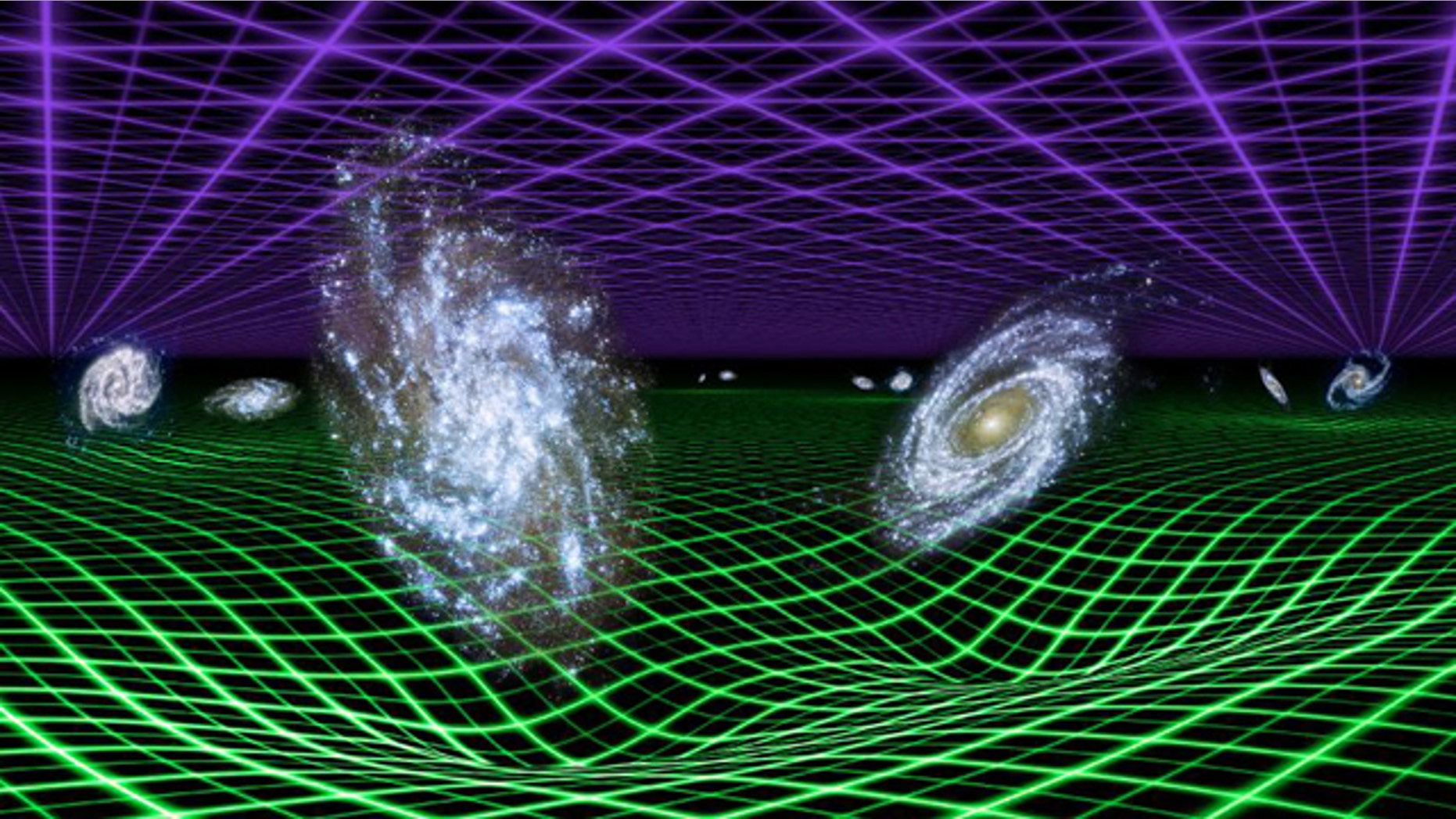 New results from NASA's Galaxy Evolution Explorer and the Anglo-Australian Telescope atop Siding Spring Mountain in Australia confirm that dark energy (represented by purple grid) is a smooth, uniform force that now dominates over the effects of gravity (green grid). The observations follow from careful measurements of the separations between pairs of galaxies (examples of such pairs are illustrated here).