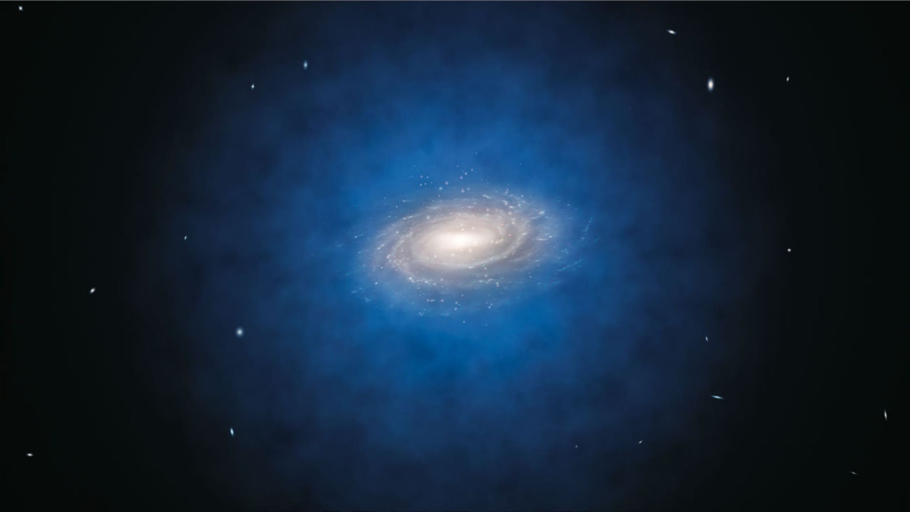 April 18, 2012: The most accurate study so far of the motions of stars in the Milky Way has found no evidence for dark matter in a large volume around the Sun. The blue halo of material surrounding the Milky Way in this artist's impression indicates the previously expected distribution of the mysterious dark matter.