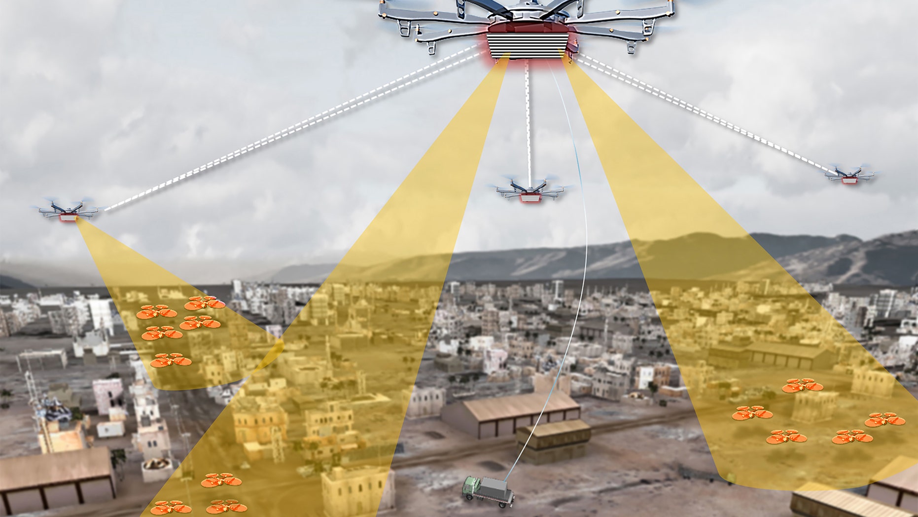 An artist's concept of the Aerial Dragnet program, which will monitor urban drone traffic.