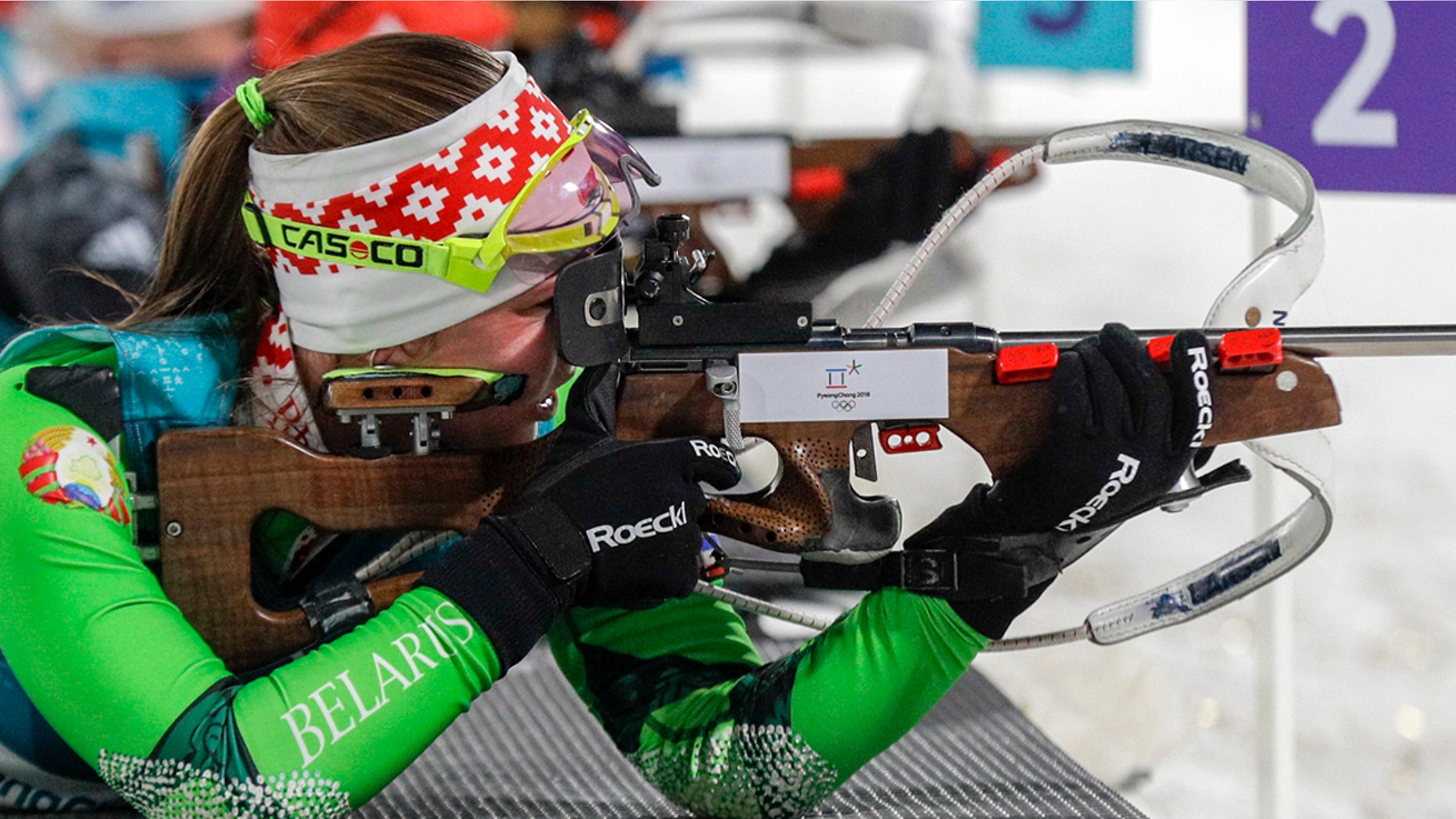 Darya Domracheva, of Belarus, shoots during the women's 12.5-kilometer mass start biathlon at the 2018 Winter Olympics in Pyeongchang, South Korea.