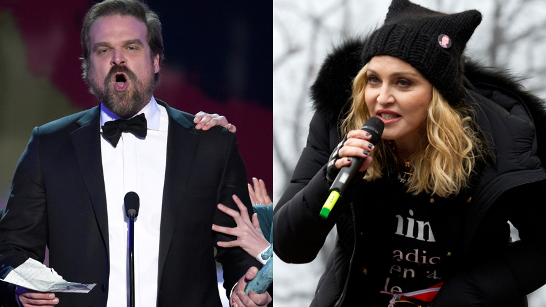 David Harbour, left, and Madonna have both made headlines for speaking out against President Trump.