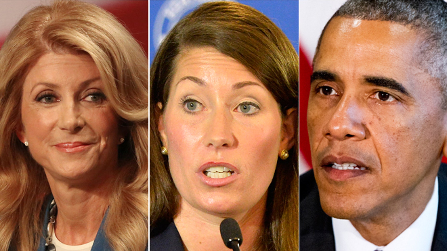 Democratic Gubernatorial candidate,Texas State Senator Wendy Davis on Tuesday Sept. 30, 2014 in Dallas, Texas. Kentucky Democratic Senate candidate Alison Lundergan Grimes in Louisville, Ky on Aug. 20, 2014 and President Barack Obama at the Pentagon on Wednesday, Oct. 8, 2014.