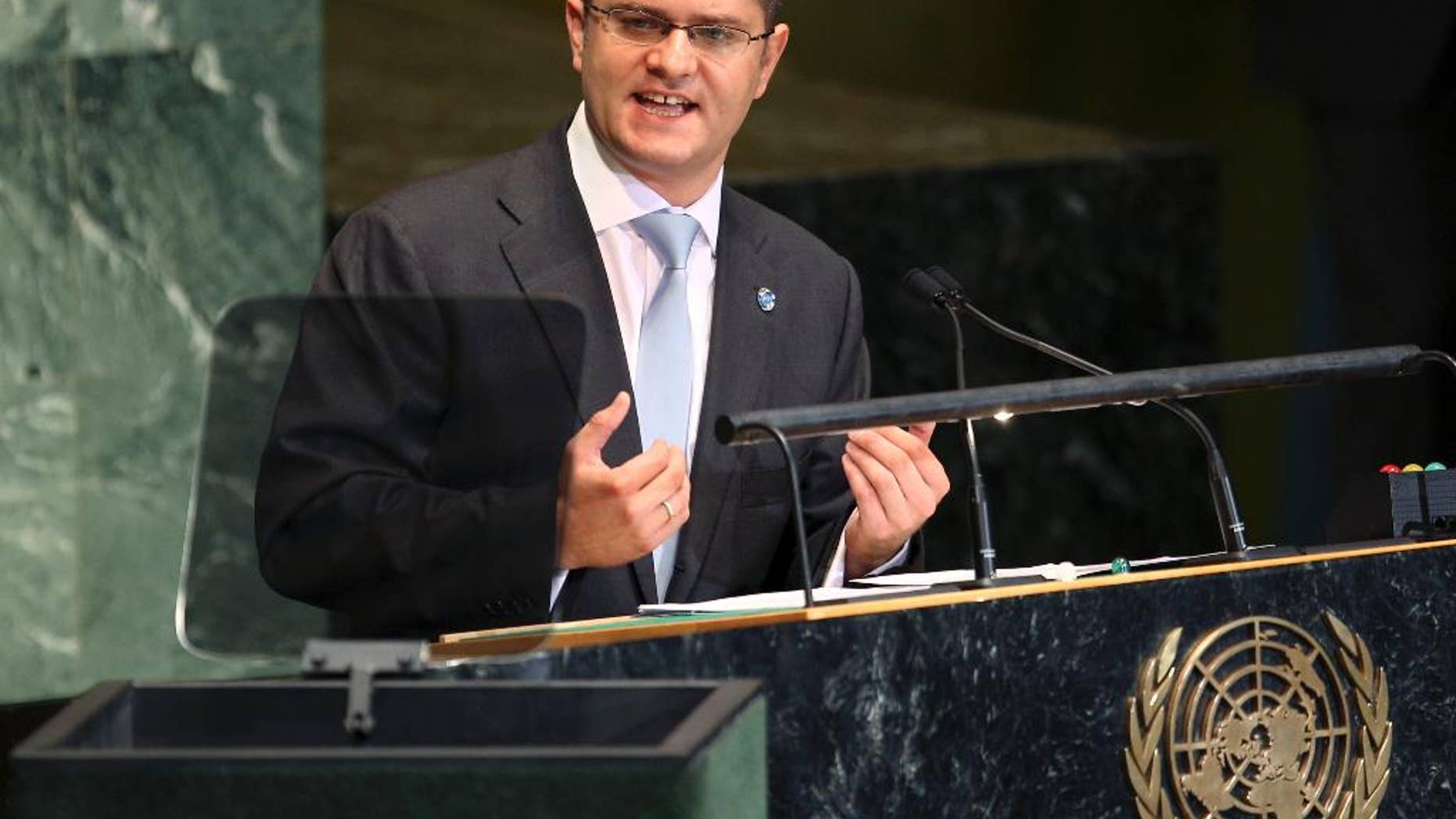FILE - In this file photo dated Tuesday, Sept. 25, 2012, Vuk Jeremic speaks during the 67th session of the General Assembly at U.N. headquarters Tuesday, Sept. 25, 2012. Serbia's former foreign minister Jeremic announced Tuesday April 12, 2016, the Serbian government has put forward his candidacy to be the next Secretary-General of the United Nations. (AP Photo/Seth Wenig, FILE)