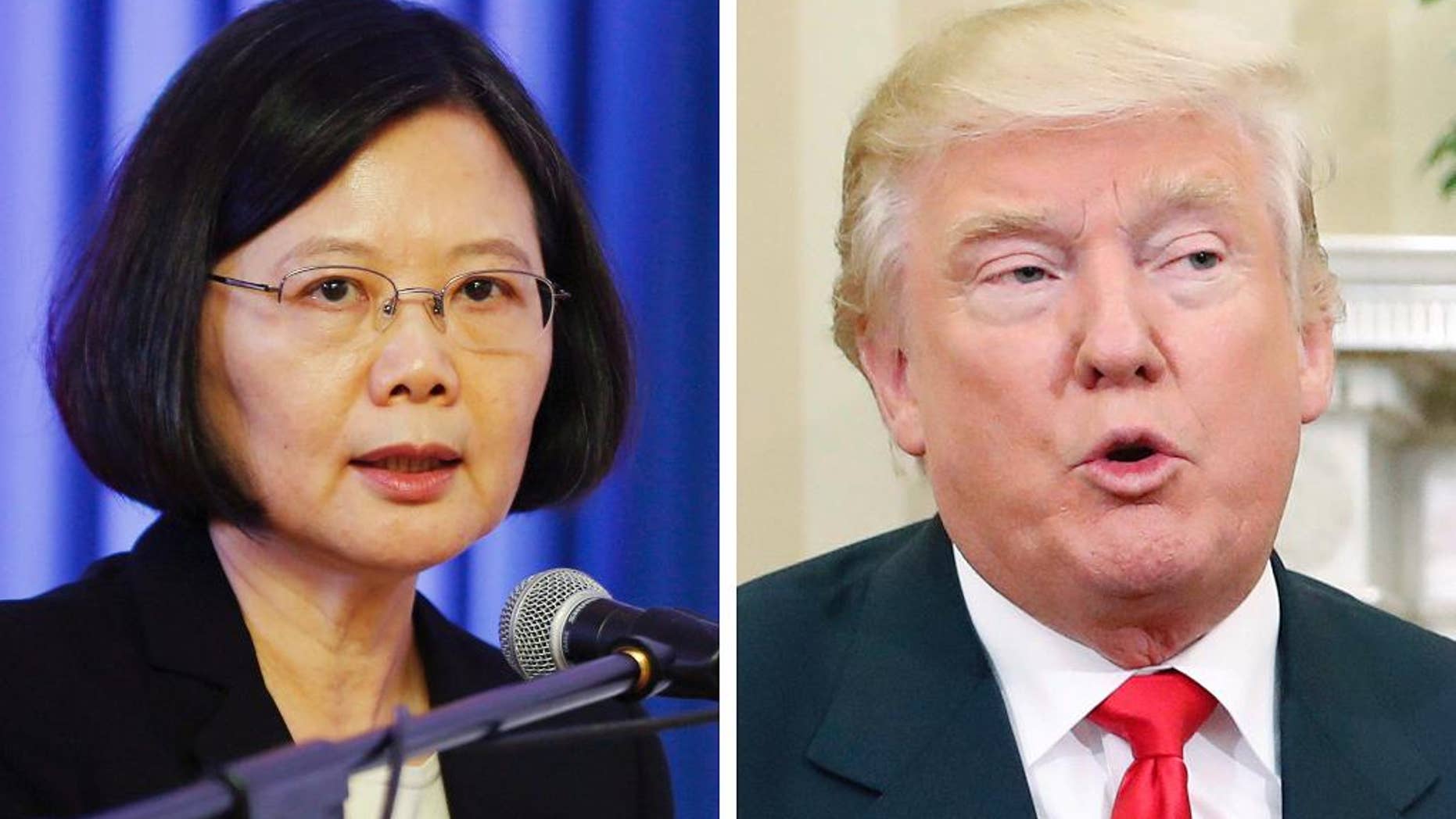 This combination of two 2016 file photos shows, Taiwan's President Tsai Ing-wen, left, speaking at a ceremony at the Gen. Andres Rodriguez school in Asuncion, Paraguay, on June 29, and U.S. and President-elect Donald Trump talking with President Barack Obama at White House in Washington, U.S.A. As Taiwan becomes a contentious issue between China and U.S. President-elect Donald Trump, people on the island are hoping it will lead to closer ties with Washington but are wary of becoming a bargaining chip between the world’s two largest economies. Trump’s Dec. 2 phone call with Taiwanese President Tsai Ing-wen raised expectations that he will upgrade relations with the self-governing island that Washington has maintained only unofficial ties with since 1979. (AP Photo/Jorge Saenz, Pablo Martinez Monsivais, Files)
