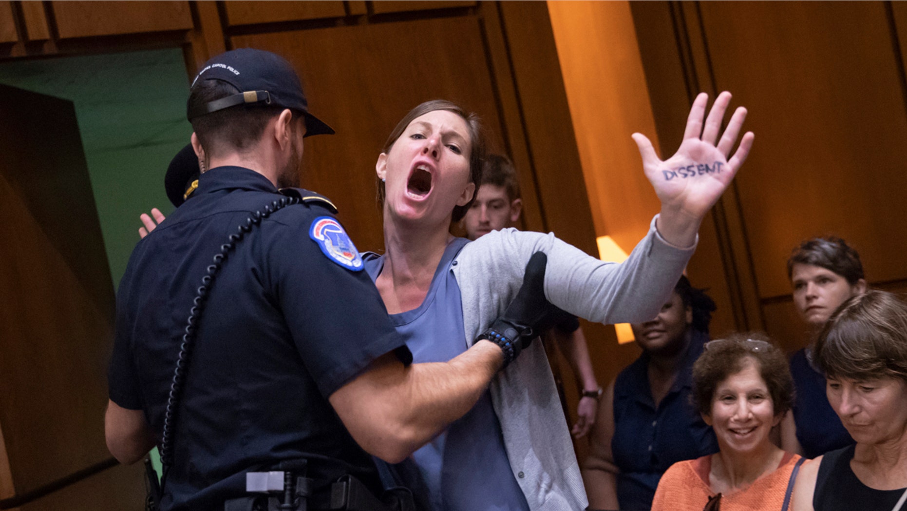 A protester disrupts the proceedings as President Donald Trump's Supreme Court nominee, Brett Kavanaugh, appears before the Senate Judiciary Committee for the second day of his confirmation hearing, on Capitol Hill in Washington, Wednesday, Sept. 5, 2018.