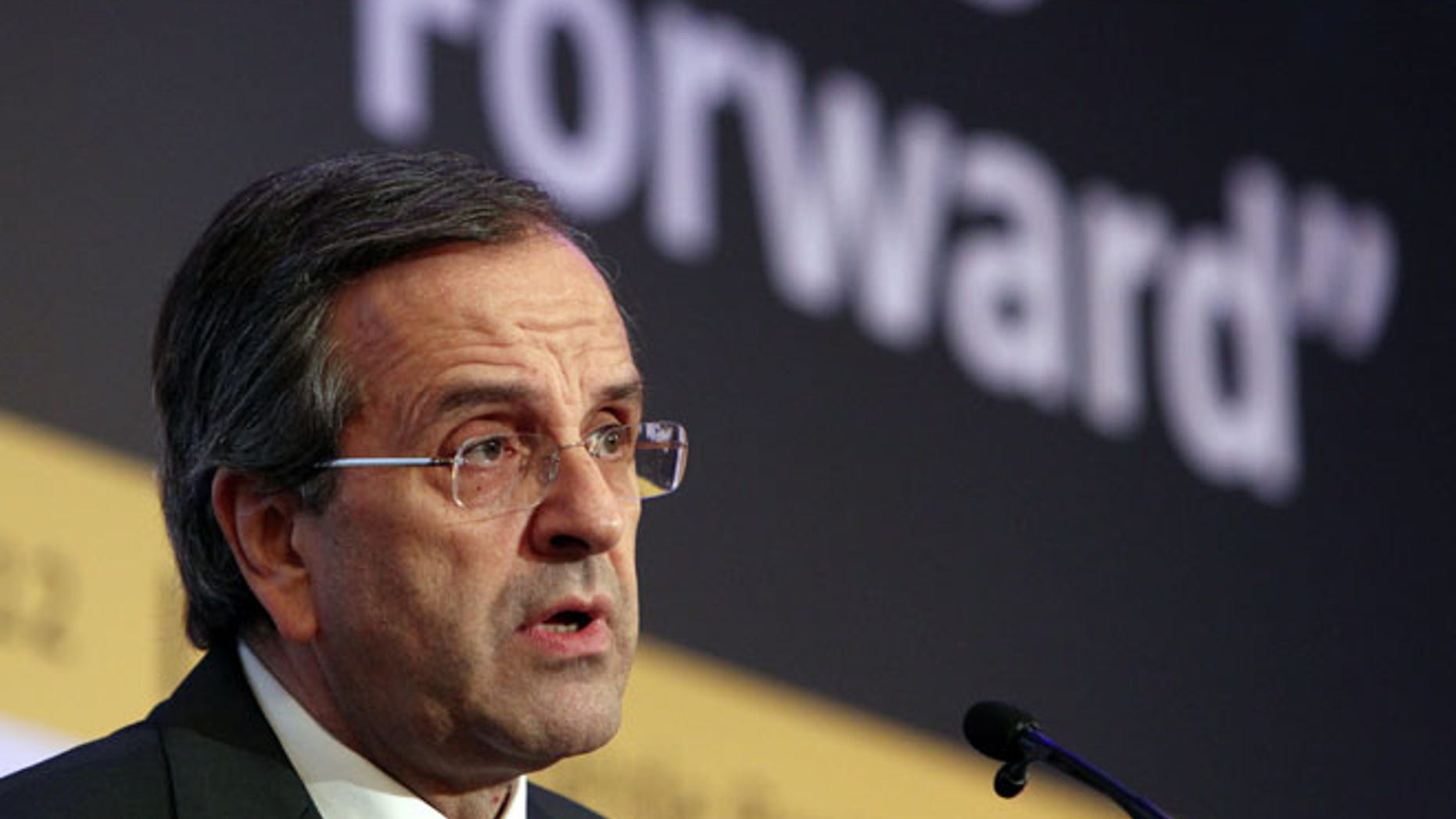 Oct. 15, 2012: Thisfile photo shows Greece's Prime Minister Antonis Samaras delivers a speech in a forum of International Herald Tribune in Athens.