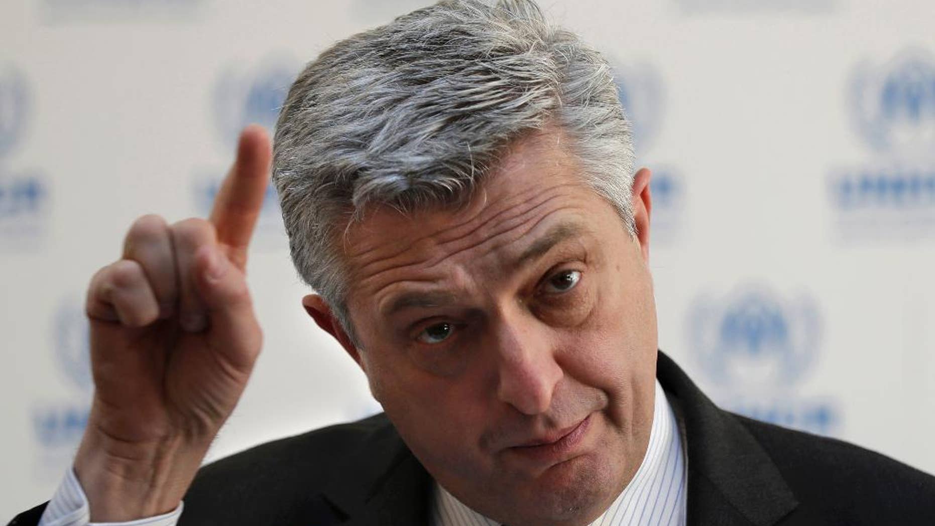 Filippo Grandi, the head of U.N. refugee agency UNHCR, gestures as he speaks during a press conference, in Beirut, Lebanon, Friday, Feb. 3, 2017. Grandi pushed back against the increasingly favored initiative to create safe zones in Syria for refugees, saying the country was "not the right place" to guarantee refugee safety. (AP Photo/Hussein Malla)