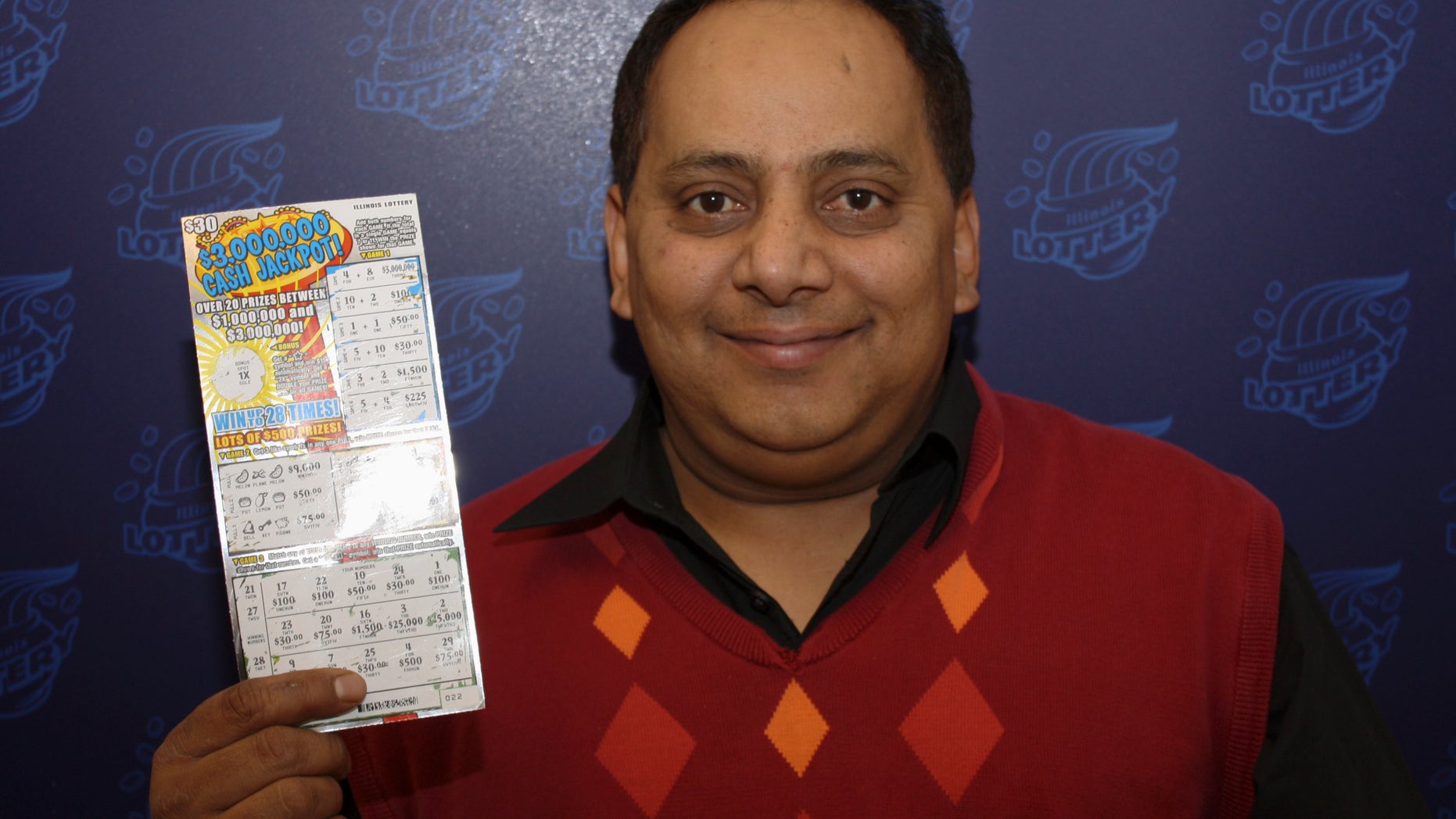 This undated photo provided by the Illinois Lottery shows Urooj Khan, 46, of Chicago's West Rogers Park neighborhood, posing with a winning lottery ticket. The Cook County medical examiner said Monday, Jan. 7, 2013, that Khan was fatally poisoned with cyanide July 20, 2012, a day after he collected nearly $425,000 in lottery winnings. (AP Photo/Illinois Lottery)